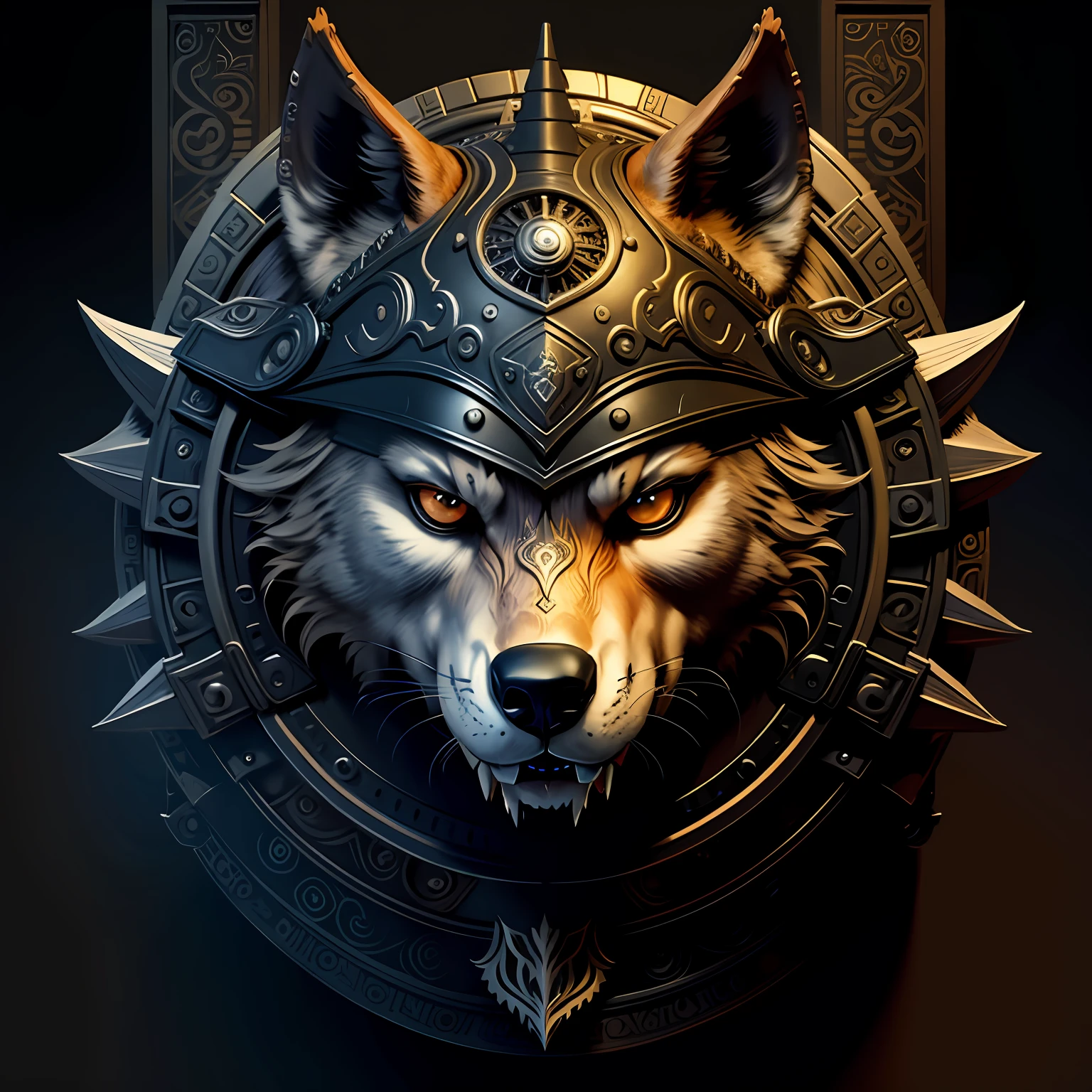 A wolf of a shield with lobes in front of a black background