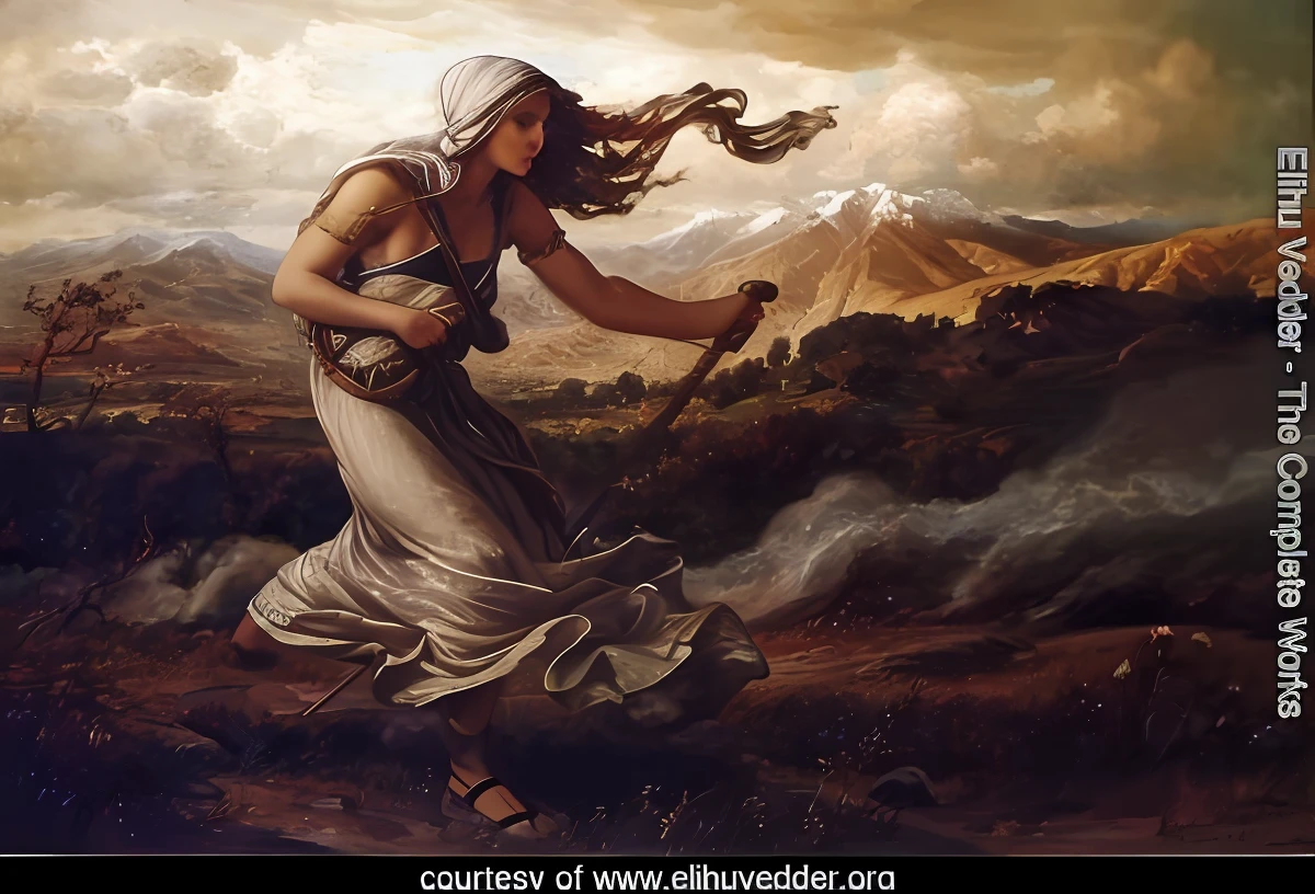 painting of a woman in a white dress holding a stick, allegory of winter, a wanderer on a mountain, a druid, by Elihu Vedder, elder, the sorceress casting a fireball, allegory of metamorphosis, earth goddess mythology, allegorical painting, by Evelyn De Morgan, druid goddess, norse goddess, She is shown seated or standing in a mystical or celestial setting, surrounded by symbolic elements that evoke her prophetic powers. Her posture and expression suggest an air of mystery and wisdom, The artist’s palette of colors is rich and lush, with deep tones that give the painting a mysterious and atmospheric feeling. The details and textures in the painting are meticulously rendered, adding depth and realism to the representation of the Sibyl, Overall, Elihu Vedder’s painting “The Cumaean Sibyl” is an artwork that captures the essence of the mythological figure and her role as a powerful prophetess. It combines artistic elements with mythological themes to create an evocative and meaningful image, Glowing Amethyst Pearlescen, Hyperrealistic, Ultrarealistic, Photorealistic, Octane Render, 8k, Intricate Detail, 8k, RAW photo, best quality, masterpiece: 1.2, realistic, photorealistic: 1.37, 1