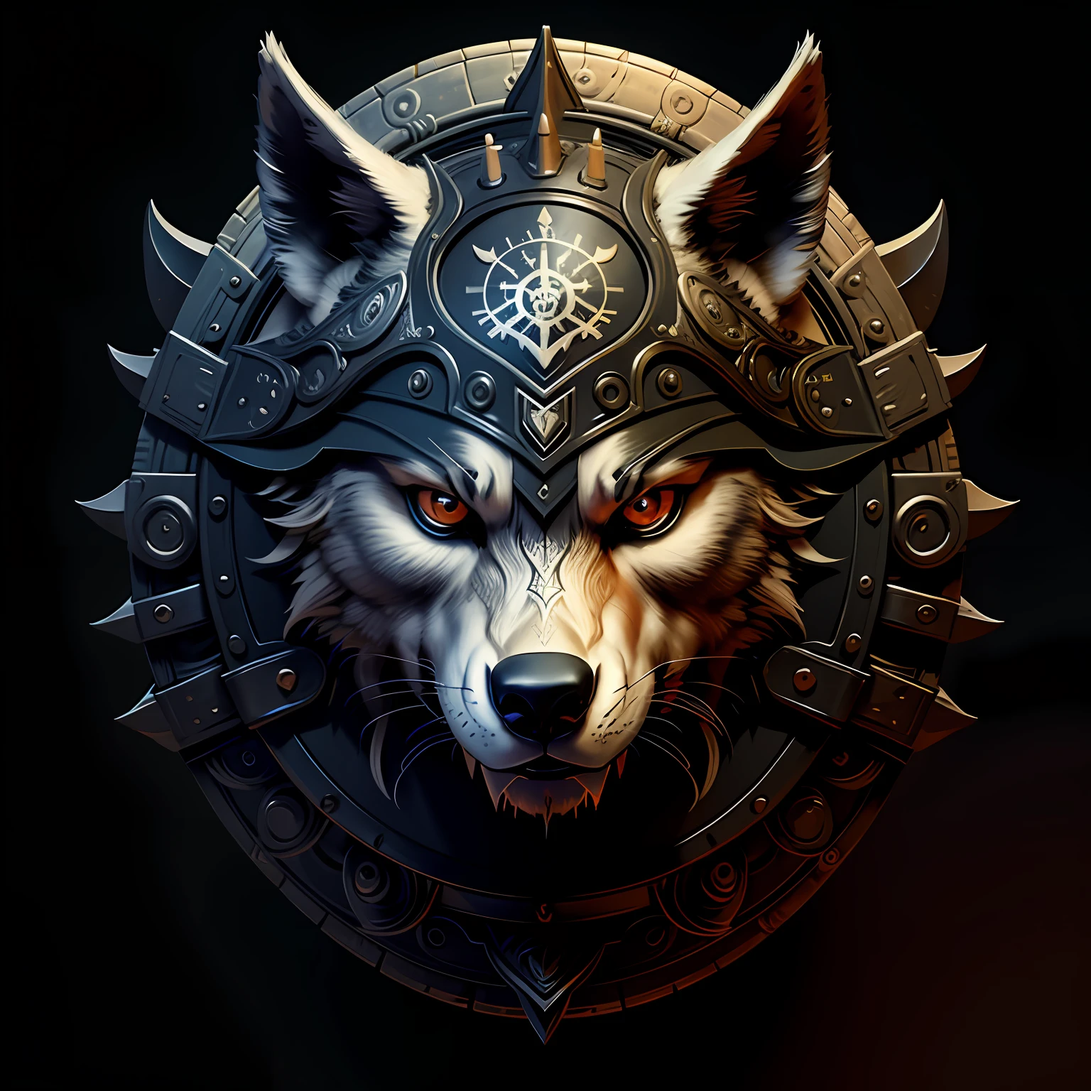 A wolf of a shield with lobes in front of a black background