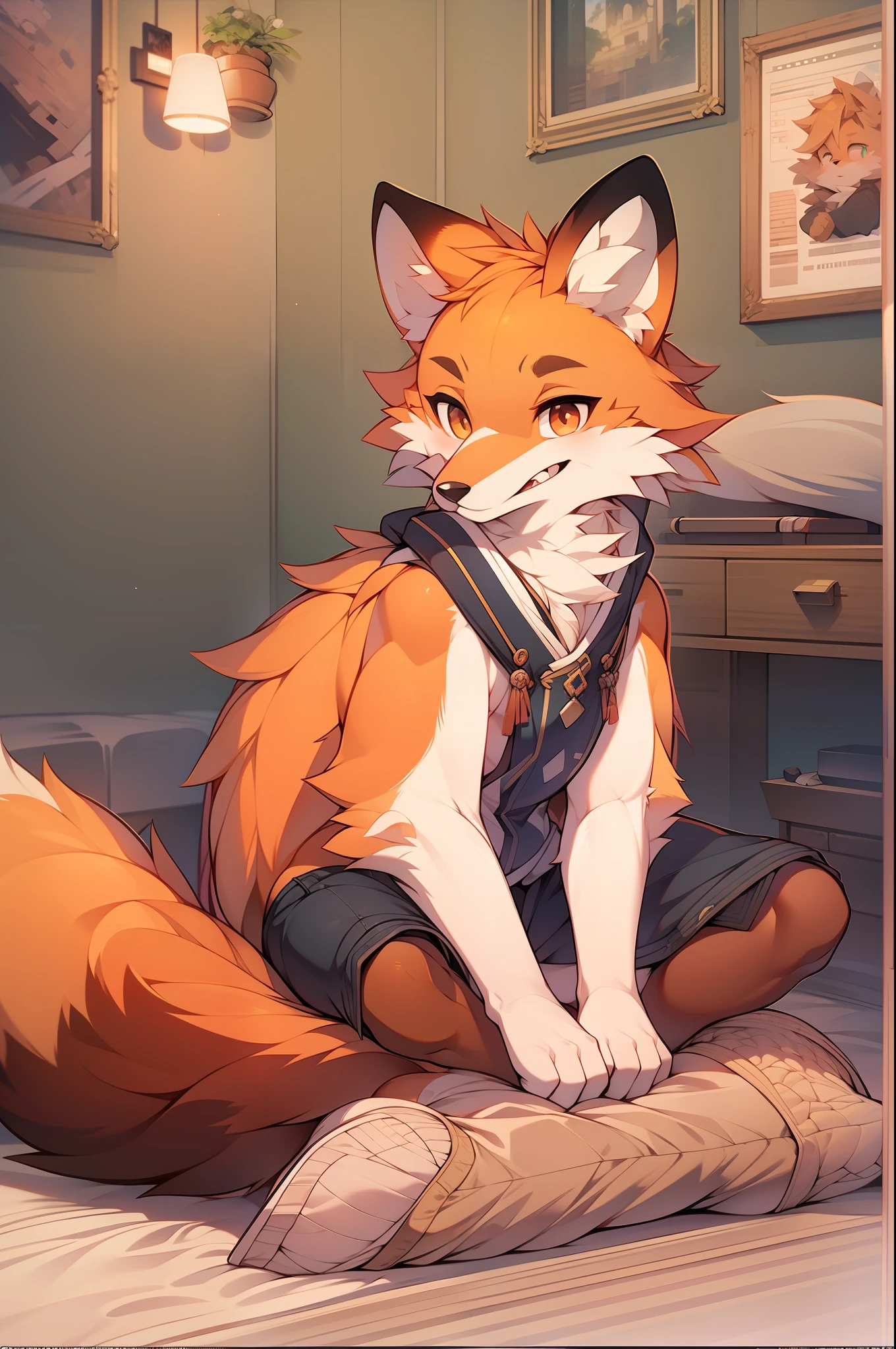 8K, Super detail, ccurate, Best quality，A -yeld fooy sits in his bedroom, There is reddish-orange hair and bright markings. He has a cute drawing style, Rich plush texture, Very delicate fur, animal personification, Fox tail, wearing an outfit, Fox ears, Fox Boy, White, Cute face, Whole body, Looking at the audience，Besticity