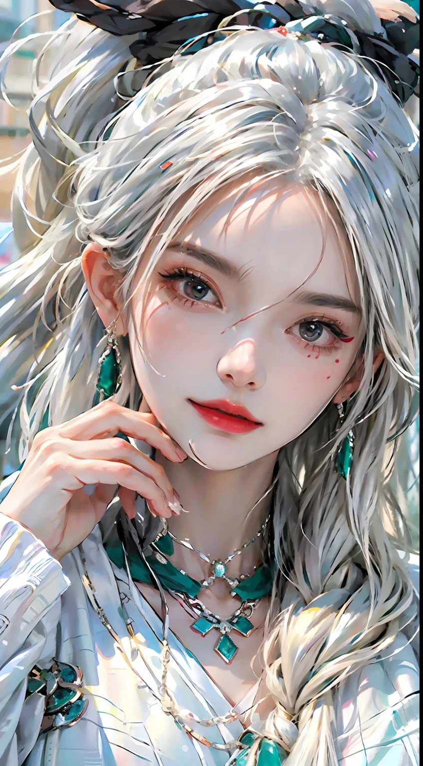 Photorealistic, high resolution, 1womanl, Solo, Hips up, view the viewer, (Detailed face), White hair, Long hair, colorful robes,high-necksweater, midjourney portrait, jewelry,Large breasts,Emerald necklace,High silver ponytail