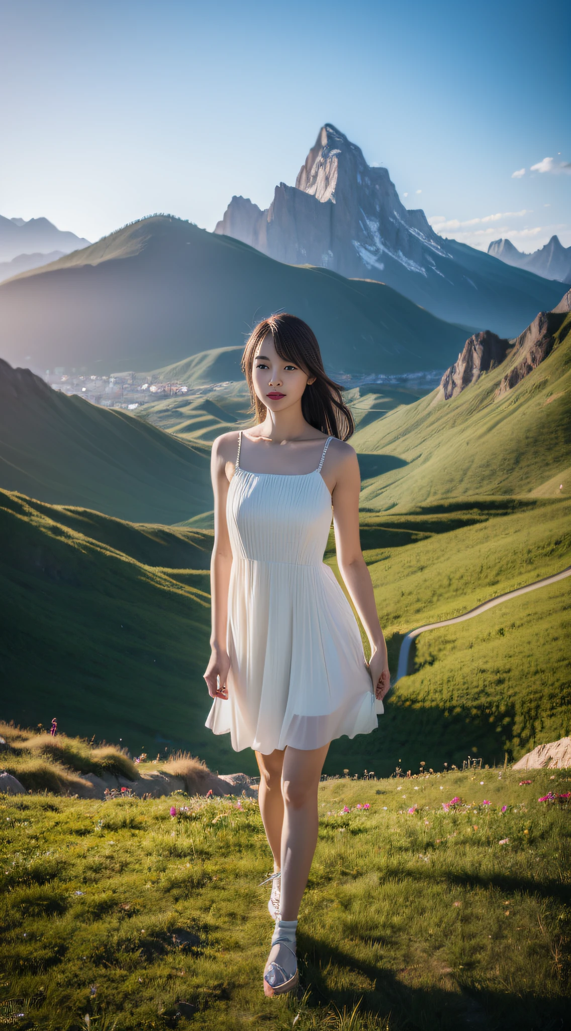 1 girl solo, (8k, RAW photo, best quality, masterpiece:1.2), (realistic, photo-realistic:1.4), (extremely detailed CG unity 8k wallpaper), ultra-high res, long hair, (short dress:1.2), slim, beautiful leg, perfect skin, Asian, standing, (blurry_background:1.2), outdoor, great view, mountains, clouds