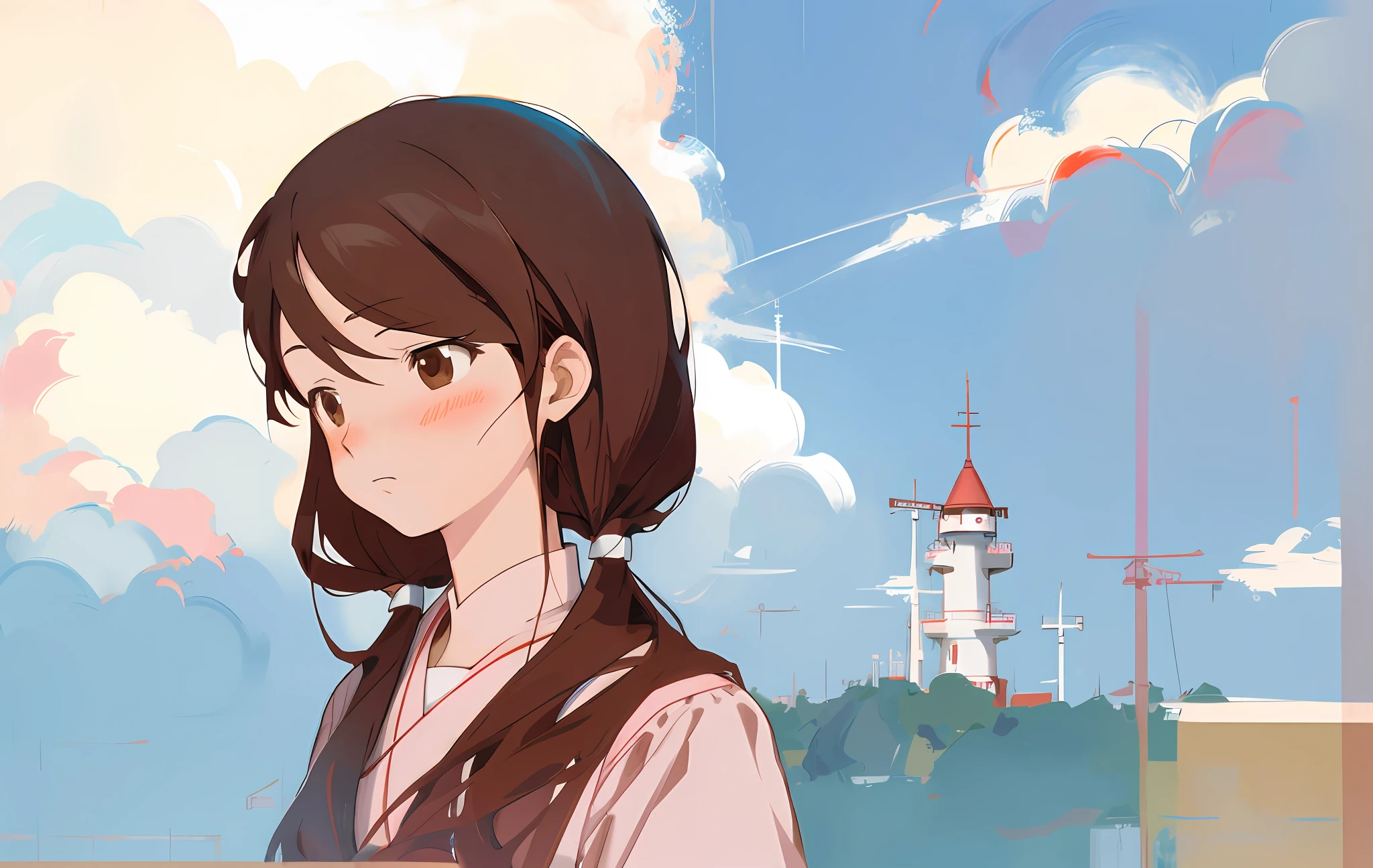 Anime girl with long brown hair and red and white beacon on background, drawn in anime painter studio, made with anime painter studio, Soft anime illustration, Digital anime illustration, studio ghibli painterly style, lofi portrait, inspired by Kamisaka Sekka, inspired by Takehisa Yumeji, Stylized anime, Anime style portrait, anime portrait