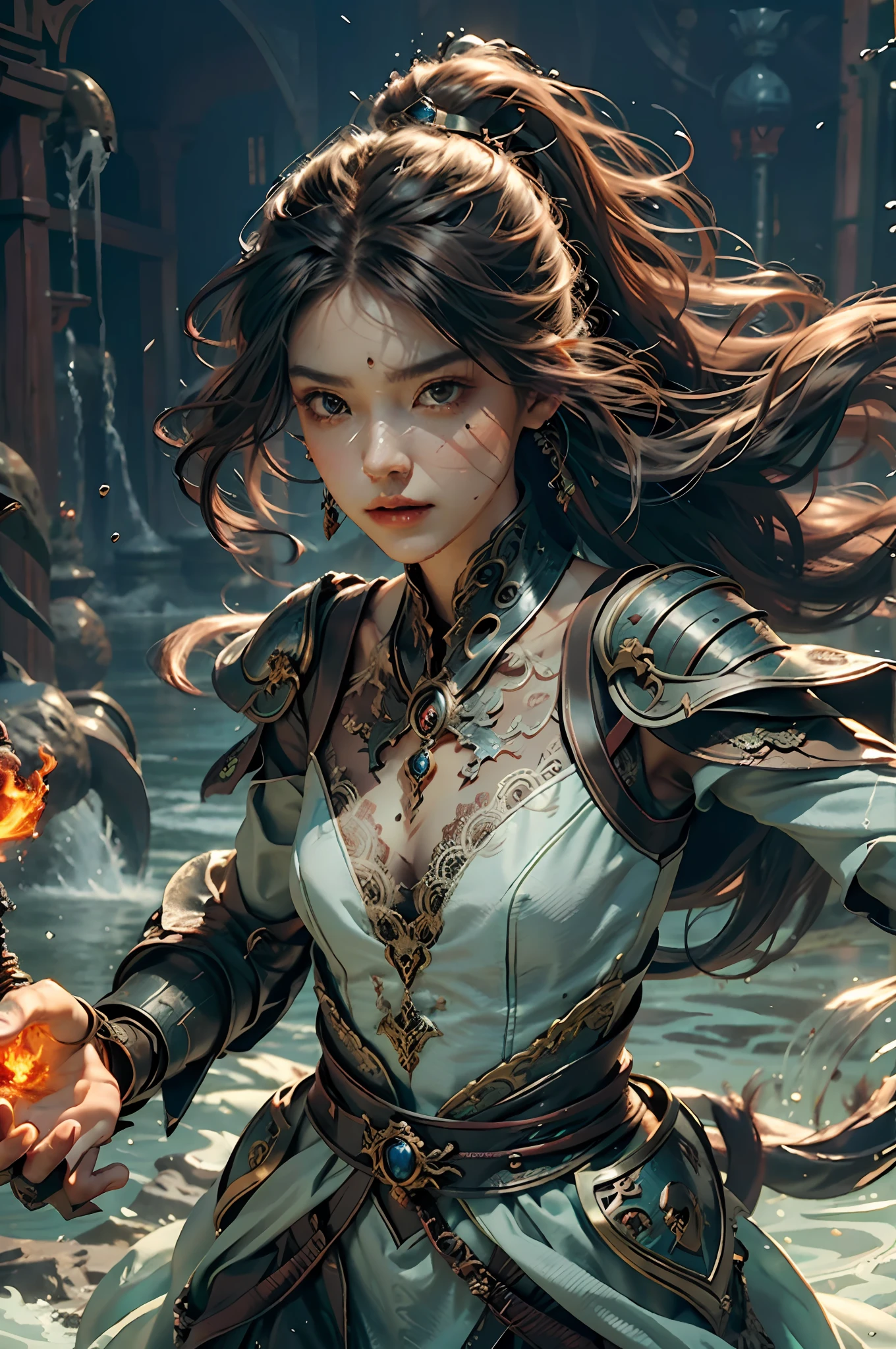 {{master piece}}, pinnacle rendering, realistic rendering, dark red rendering, metal rendering, {{color ink painting}}}, {{splash ink}}}, {{color}}, {{color}}, gorgeous rendering, best quality, illustration, flame, smoke, doomsday world, splash ink fire sea doomsday, full body, 1 girl, exquisite facial details, delicate facial features, real face, beautiful details eyes, deep pupils, broken city details, beautiful details long hair, wavy hair, broken detail street, transparent mechanical core, cyborg girl, detail, cool, tight grooming, lace finishing, linear light costume retouching, light rendering, reflection, highlight, holy light, confidence, charm, battle stance detail close-up, fire day, {filigree}, colored background, a dragon stands behind the girl, sea of fire, {tornado special effects}, beautiful details red dragon armor, (cold face, confident) great depth, depth of field, 360° panoramic picture, fierce and magnificent battle scenes, broken mirrors, fingers all hidden and not displayed, small mouth closed