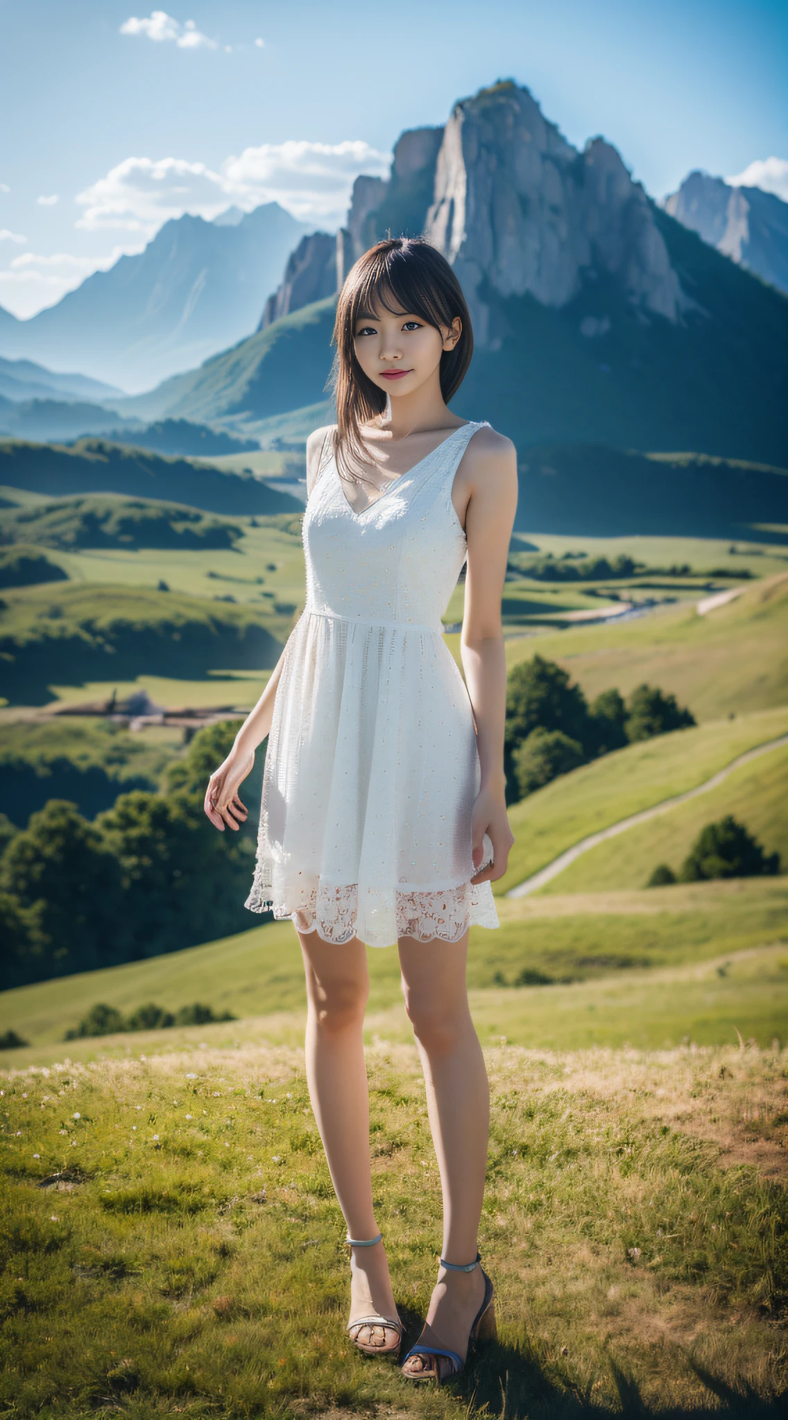 1 girl solo, (8k, RAW photo, best quality, masterpiece:1.2), (realistic, photo-realistic:1.4), (extremely detailed CG unity 8k wallpaper), ultra-high res, long hair, (short dress:1.2), slim, beautiful leg, perfect skin, Asian, standing, (blurry_background:1.2), outdoor, great view, mountains, clouds