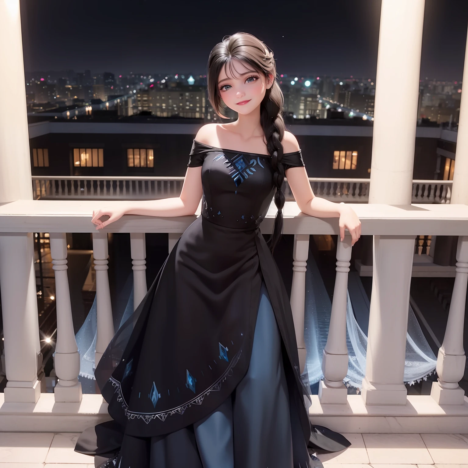 Elsa of erendelle, smiling,((black hair:1.4)),Balcony,Braided hair,Blue dress