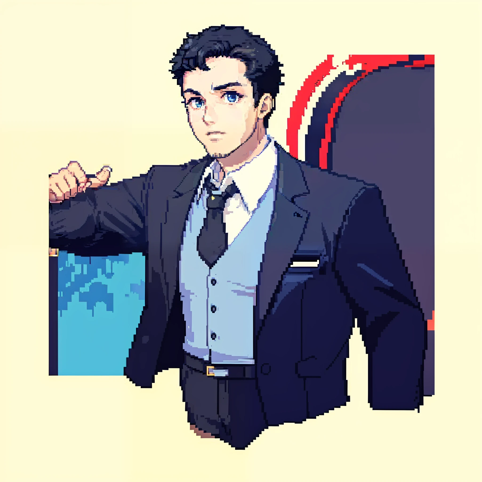 A handsome young man,Slightly chubby,Wear stylish suits and ties,A neat black hair,brush cut;Shooting from front,Close-up of the big head,The eyes are focused,Pixel art, Masterpiece, pix。(styled、Theme optimization)