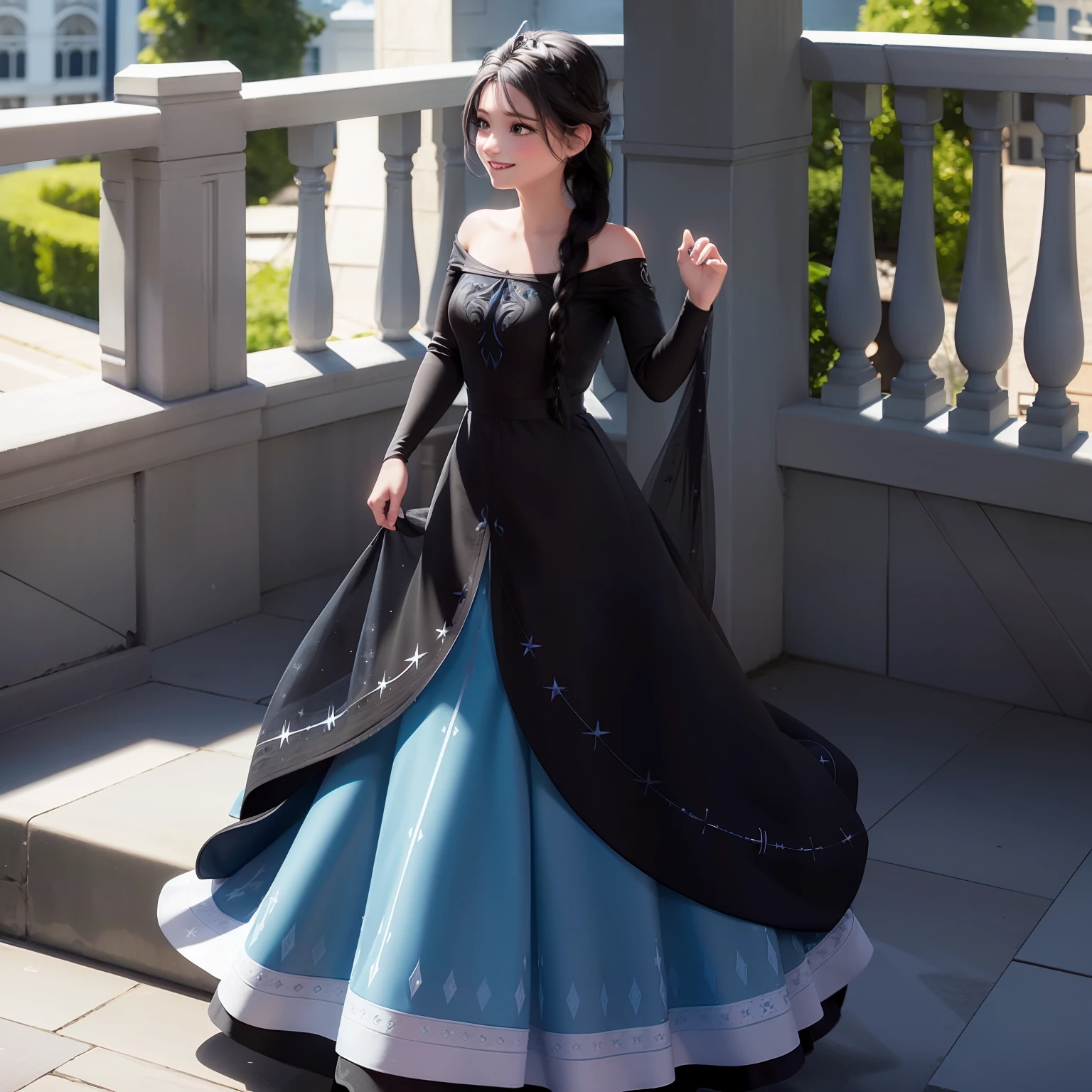 Elsa of erendelle, smiling,((black hair:1.4)),Balcony,Braided hair,Blue dress
