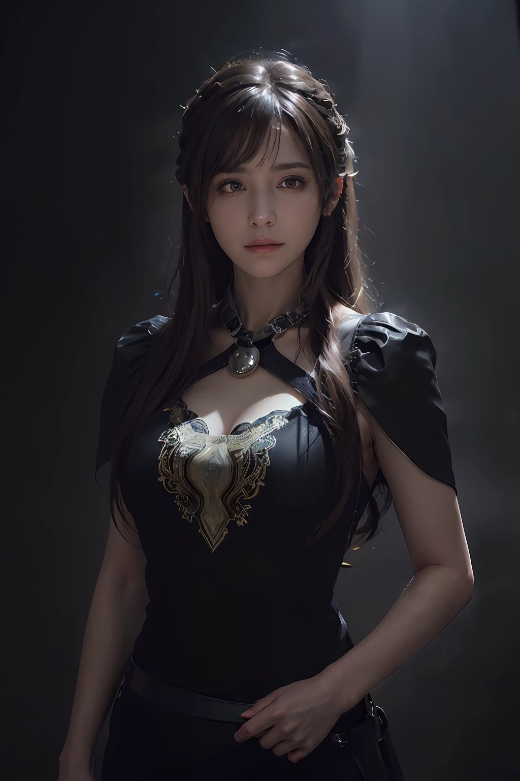 (front focus),(in the dark:1.6), Hyperrealist portrait of female by david hockney and alphonse mucha,fantasy art, photo realistic, dynamic lighting, artstation, poster, volumetric lighting, very detailed faces, 4 k, award winning,, 1girl, in the dark, deep shadow, low key,cowboy shot,(official clothing:1.4) ,long hair,white hair,