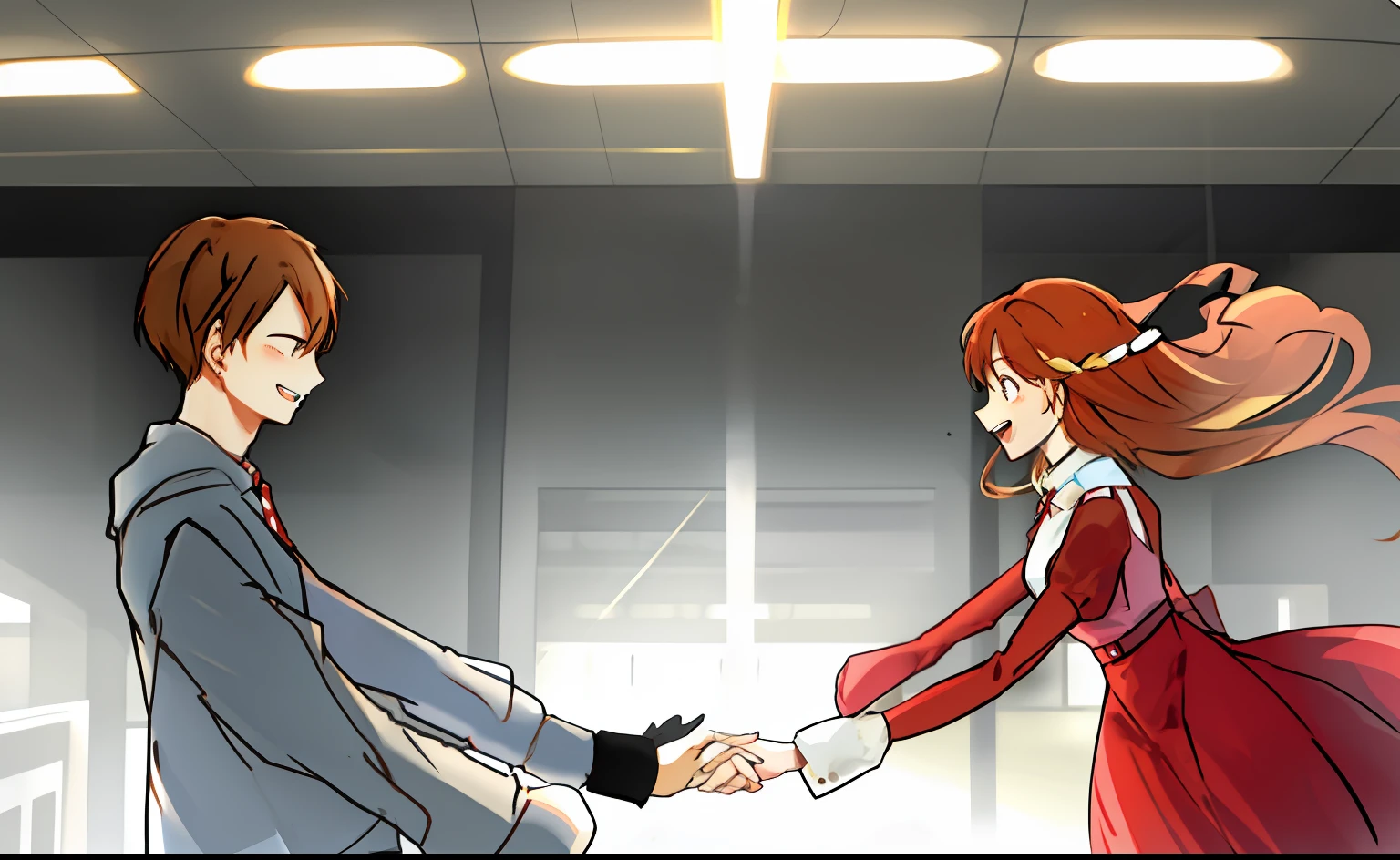 a young man and a woman，One meter apart，hands spread wide，Gesture embrace，leaning-forward，run，Dynamic，lineworks，aerodrome，Boarding gate，having fun，Crowd