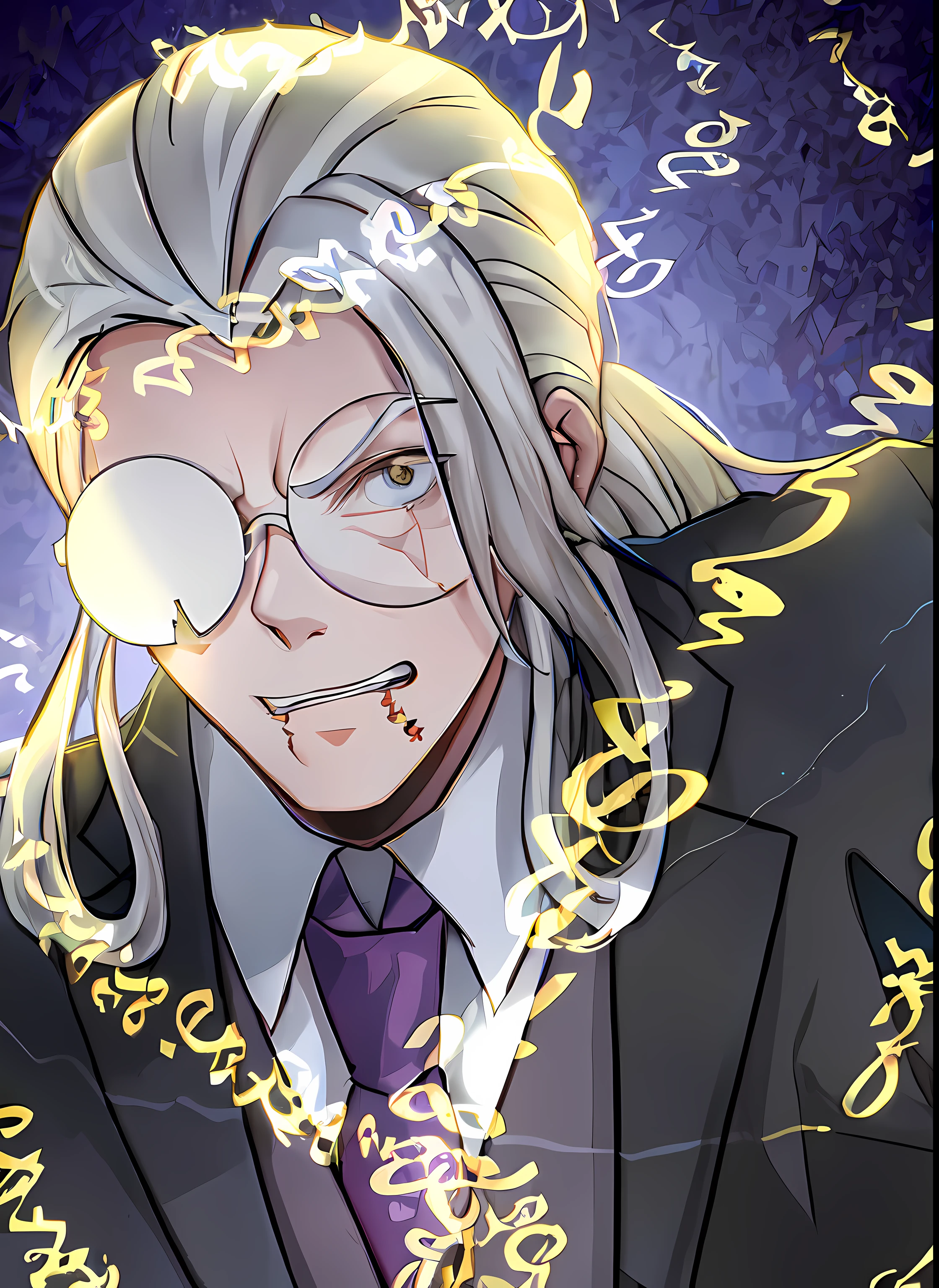 Anime characters wearing glasses and suits,Broken glasses,There are a lot of golden runes entangled, nagito komaeda, digital art from danganronpa, dapper dream demon, From cryptid academia, joe biden as an anime villain, nagito komaeda from danganronpa, portrait of professor sinister, a silver haired mad, johan liebert mixed with alucard, Detailed fanart