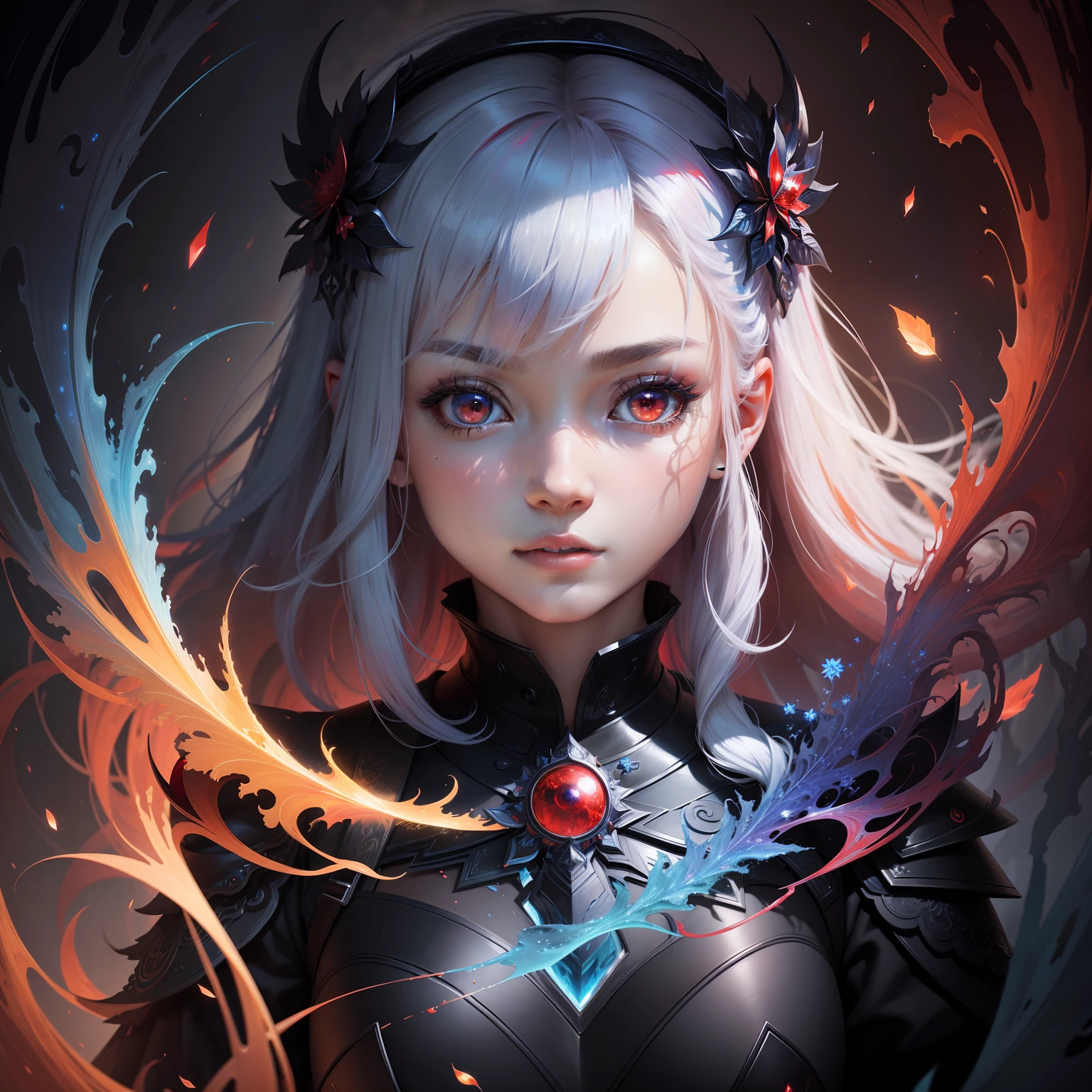 realisticlying、Masterpiece quality、best qualtiy、offcial art、Beauty and aesthetics:1.2、Very detailed fractal art、Colorful abstract background、Kizi、Kamimei、The color hair、short detailed hair、luminous red eyes、Mysterious magic、Girl of Ice and Fire,Red and blue color scheme,cinematric light