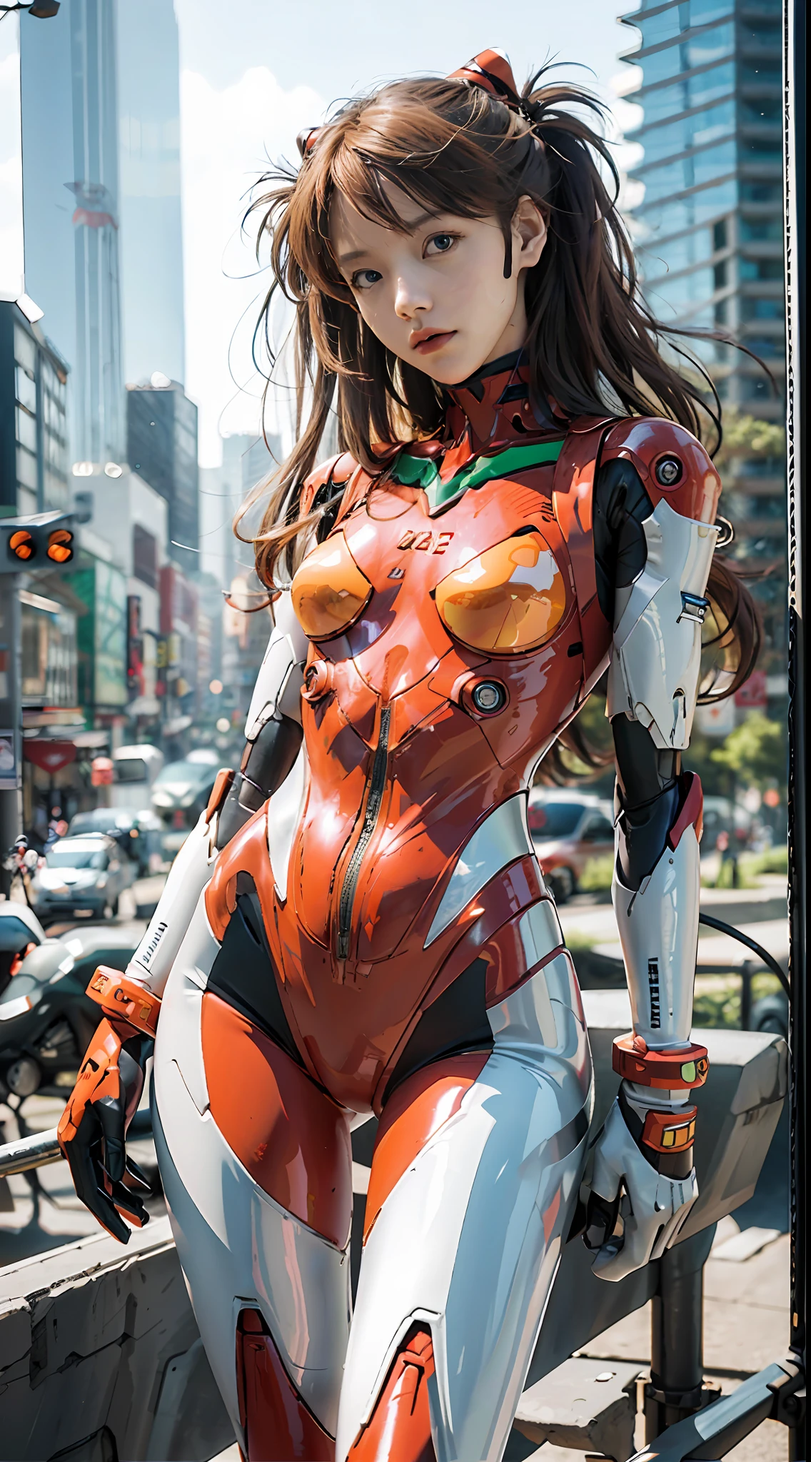 ulzzang-6500, (realistic: 1.3) (original: 1.2), masterpiece, best quality, (((beautiful clean face))), fullbody, ((robot girl, mecha)), broken armor, mechanical halo, mechanical arms, white hair, long hair, ceramic body, thigh gap, small breast, cyber background, extreme detailed city, EVA 02,Souryuu Asuka Lanley,(translucent body, reflection skin), 8k, best quality, ultra detailed, (hyperrealistic:1.4),