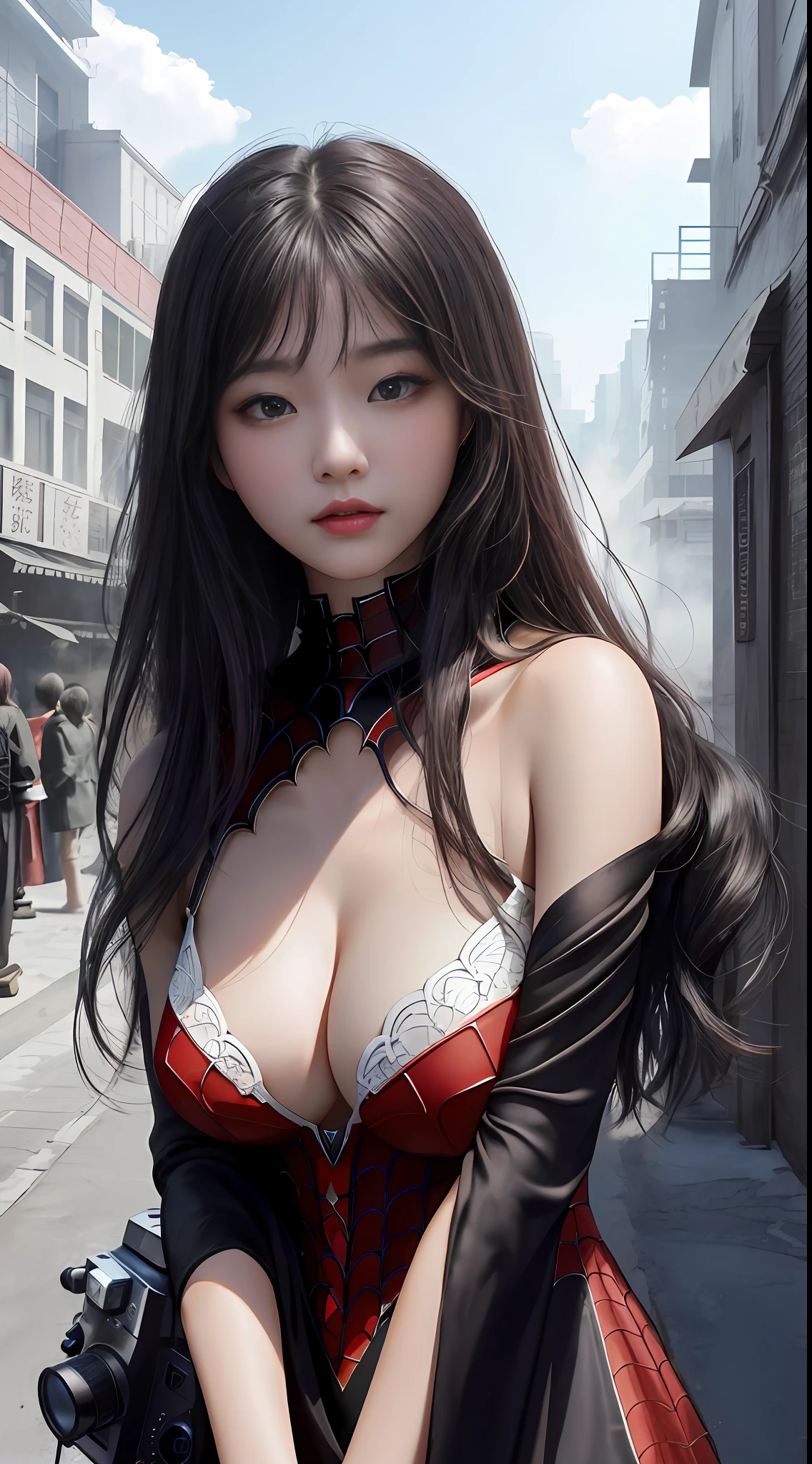 (1girl:1.3), 独奏, (((very vey very detailed face))),((very detailed eyes and faces))),beatiful detailed eyes,Body parts__,offcial art,Unified 8k wallpaper,ultra-detailliert,Beautiful and beautiful,big breasts beautiful,tmasterpiece,best qualtiy,primitive,tmasterpiece,ultra fine photos,best qualtiy,超高分辨率,photorealistic realism,rays of sunshine,full-body portraits,stunningly beautiful,,dynamicposes,delicated face,vibrant eyes,(from the front side), she is in a spider-man suit,Red and black color scheme,arachne,Very detailed city roof background, Roof,looking over city,详细的脸,detailed complex busy background,untidy,opulent,milkyW,highly detailedskin,Realistic details of skin,Visible pores,Clear focus,volume fog,8k uhd,digital SLR camera,high qulity,filmgrain,White skin of the,photo-realism,lomography,A huge metropolis of the dystopia of the future, semi transparent,(big breasts exposed cleavage)