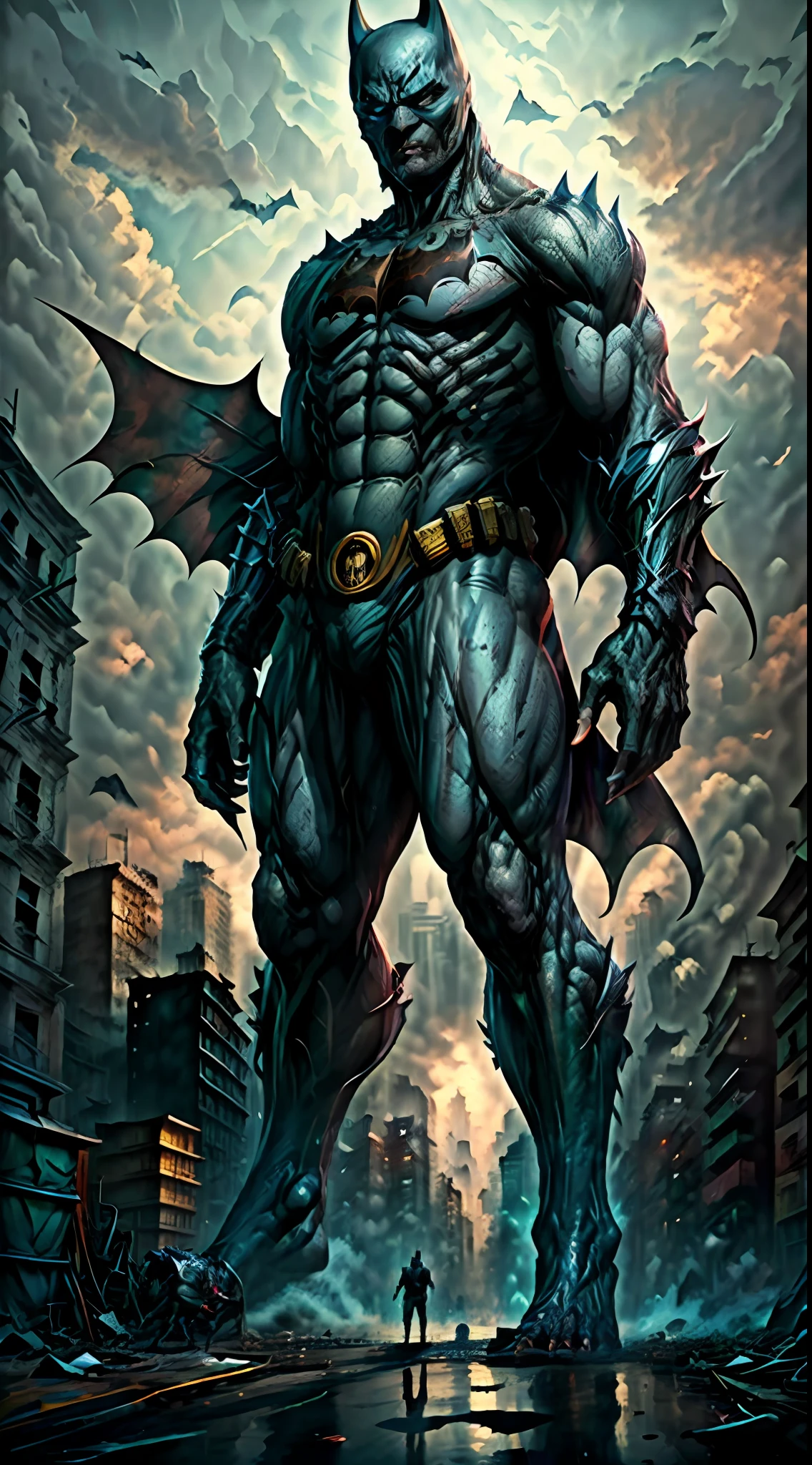 (8k, best quality, masterpiece:1.2), ultra realistic, masterpiece, solo, slum city backdrop, full body, monster, detailed backdrop, standing pose, batman