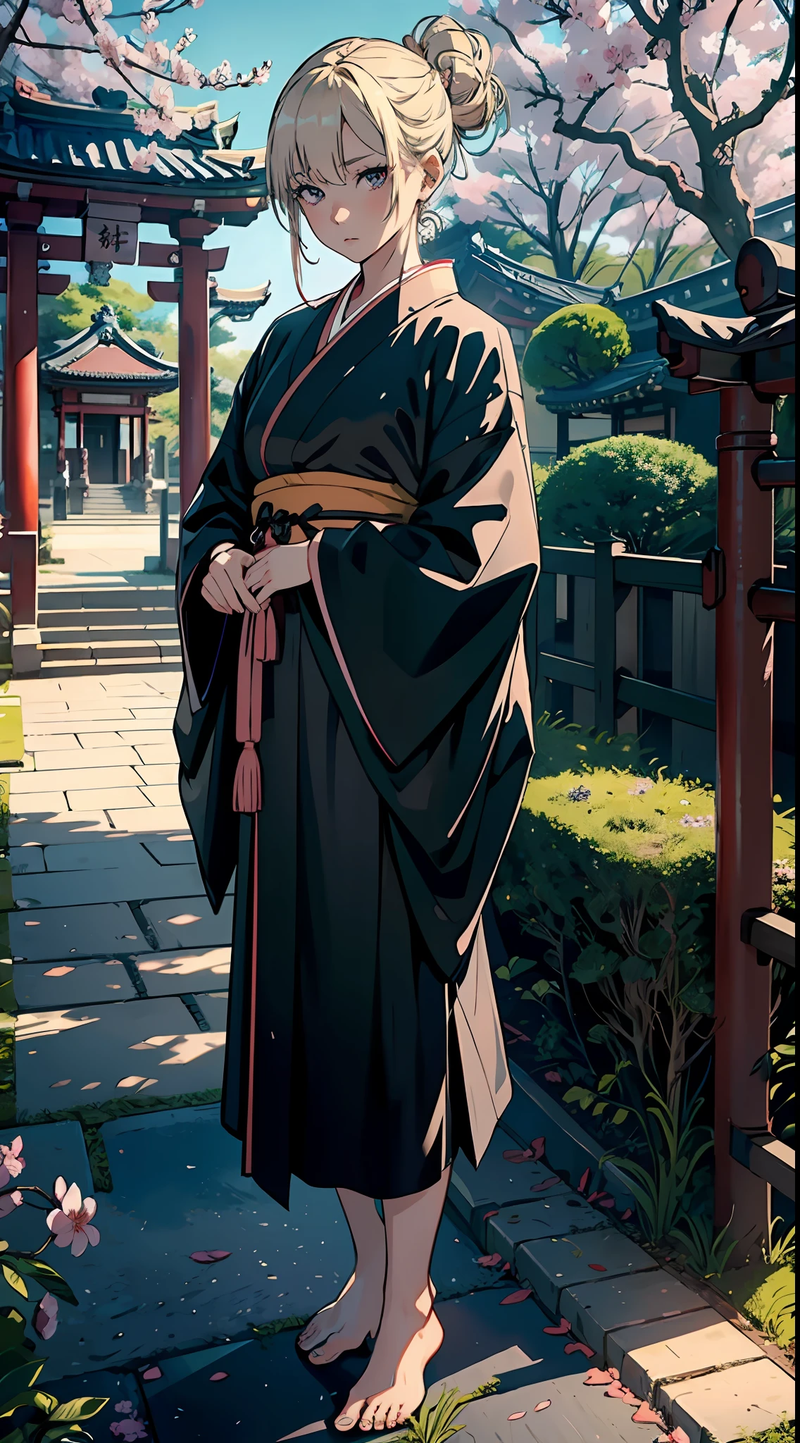 ((cinematic)) colorful, POV, 4K, high definition {masterpiece}, ultra detail, aesthetic, artistic, depressing vibe, depression blonde bun haired japanese elegant woman wearing black kimono, (((no skin exposed))), hazel eyes, blank pale eyes, raising both eyebrows, no expression, plain expression, full body, barefoot, detailed body parts, fixed pose, fixed proportion, staring at camera, fixed finger, detailed finger, detailed pupils, detailed hands, (temple and sakura tree background), ((stand)), sharp details