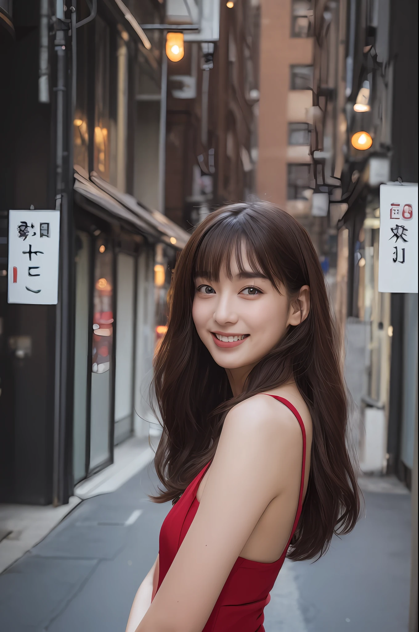 ((top-quality、8k、​masterpiece:1.3))、1girl in、a smile、full bodyesbian、Slim Faces、plump 、Pretty women、(dark brown  hair)、Full-length dresses:1.1、hyperdetailed face、A detailed eye、二重まぶた、blured background、Slim Faces、城市、takeout、a street、