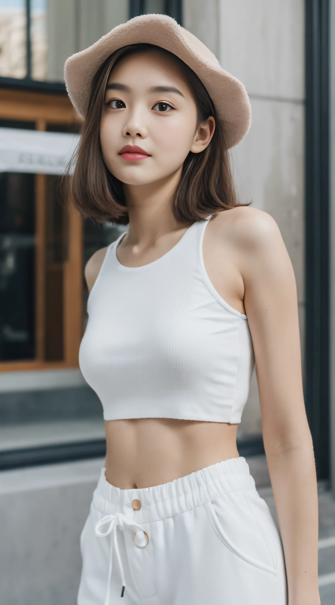 ((Best Quality, 8K, Masterpiece: 1.3)), (Flower Cap: 1.3), Focus: 1.2, Perfect Body Beauty: 1.4, Buttocks: 1.2, (Layered Haircut: 1.2)), (Dark Street: 1.3), Highly Detailed Face and Skin Texture, Full Body, Delicate Eyes, Double Eyelids, Whitened Skin, Long Hair, (Round Face: 1.5), (Loose Crop Top, Shorts: 1.6)