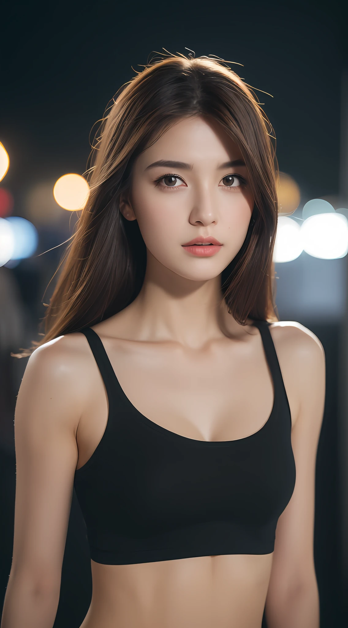 ((Realistic lighting, Best quality, 8K, Masterpiece: 1.3)), Clear focus: 1.2, 1girl, Perfect Figure: 1.4, Slim Abs: 1.1, ((Dark brown hair)), (White crop top: 1.4), (Outdoor, Night: 1.1), City streets, Super fine face, Fine eyes, Double eyelids,