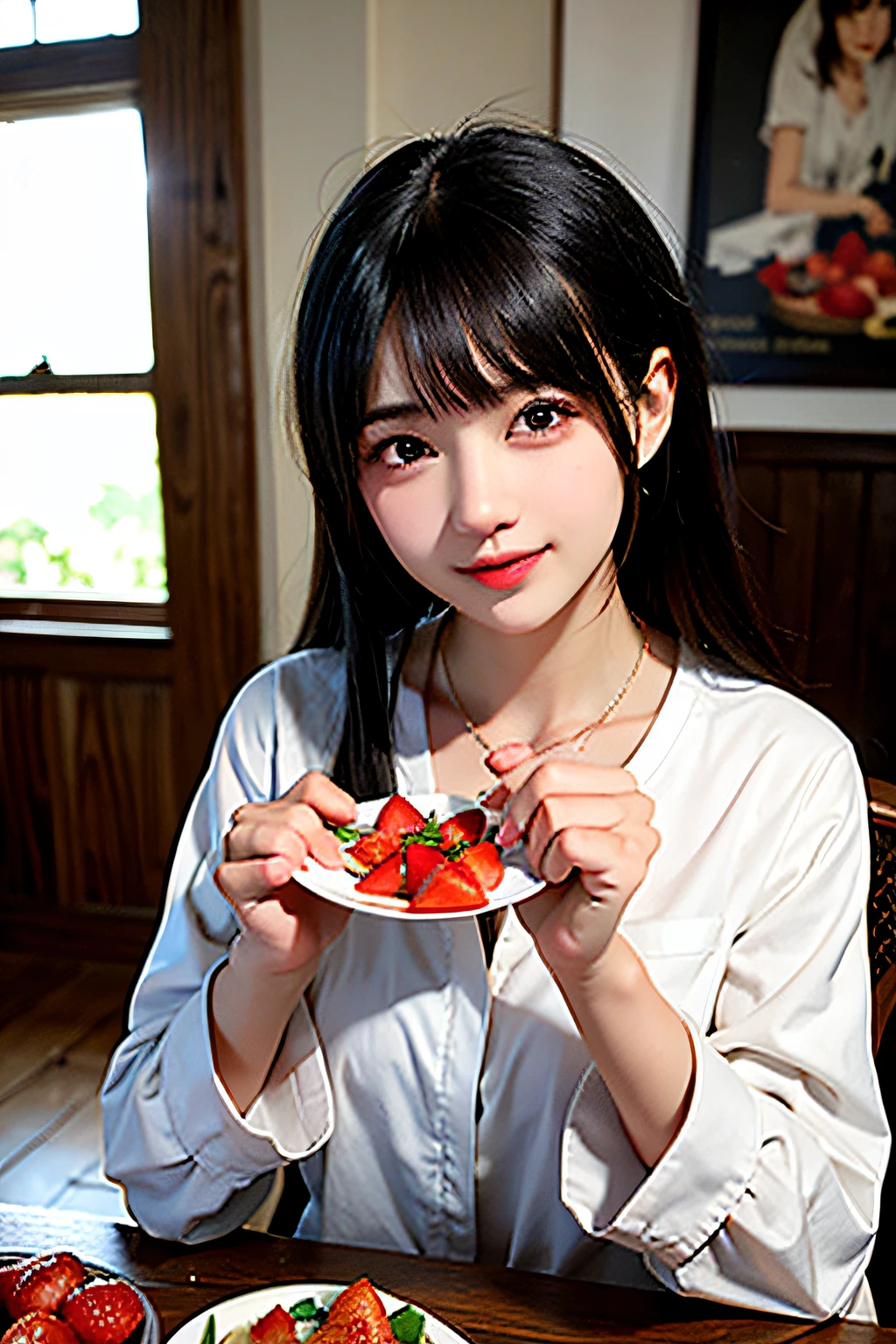 There is a house in Youzi，Inside the house there was a beautiful woman holding a plate full of fresh fruit