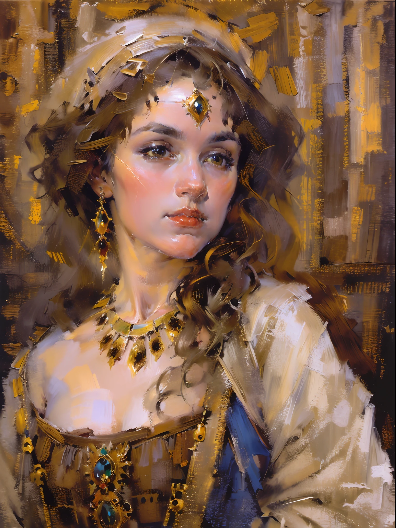 lady，Gorgeous costumes，portraitures，oil painted，tmasterpiece，Renaissance style，best qualtiy，A high resolution，super-fine，Eyes detailed，Face detailed