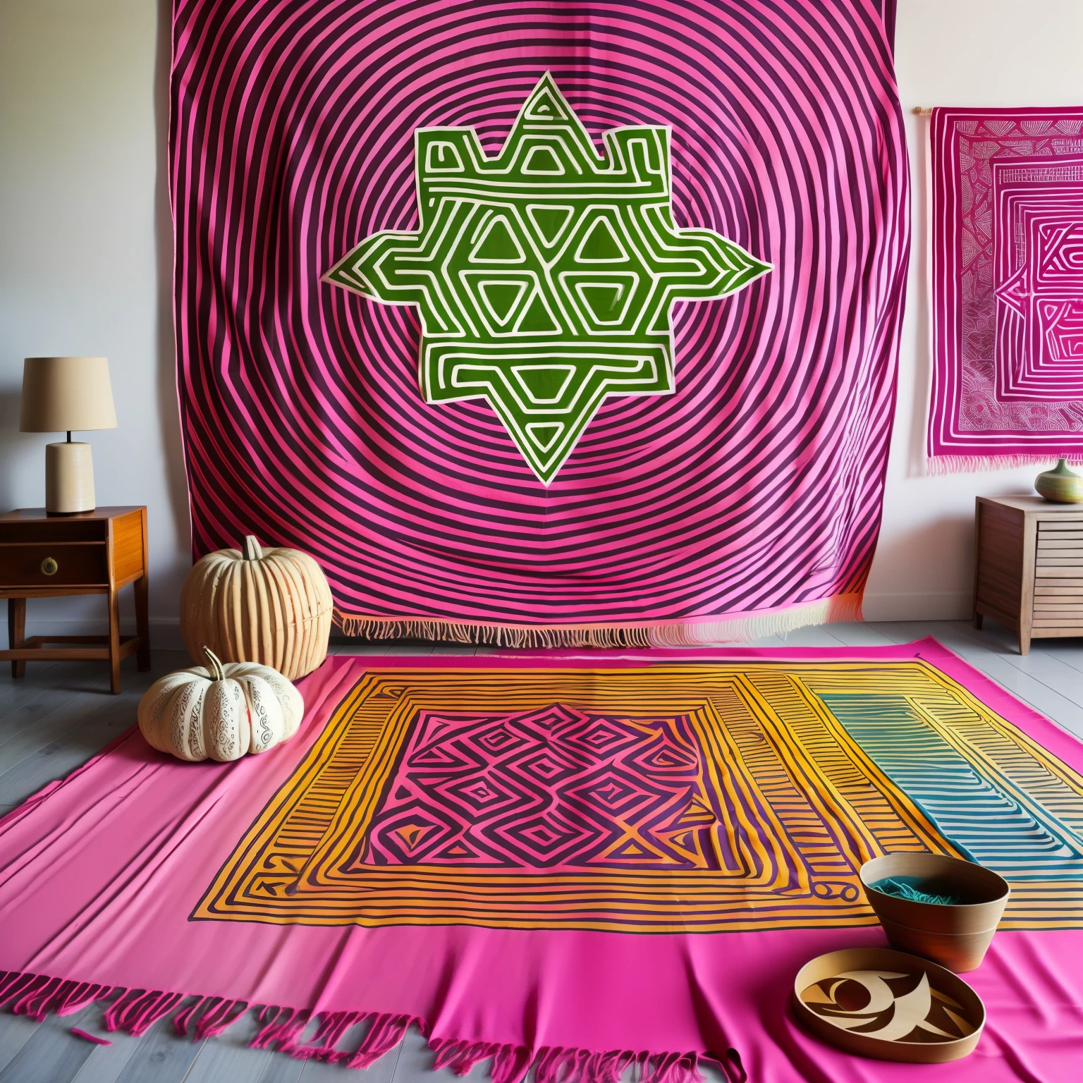 A raw photo of Adinkra (symbol), draw big on a ((cloth)), spread wide, Adinkra symbol from ((Ghana)), luminous design, pastel colours, ink drips, autumn lights, indoor, studio lights.