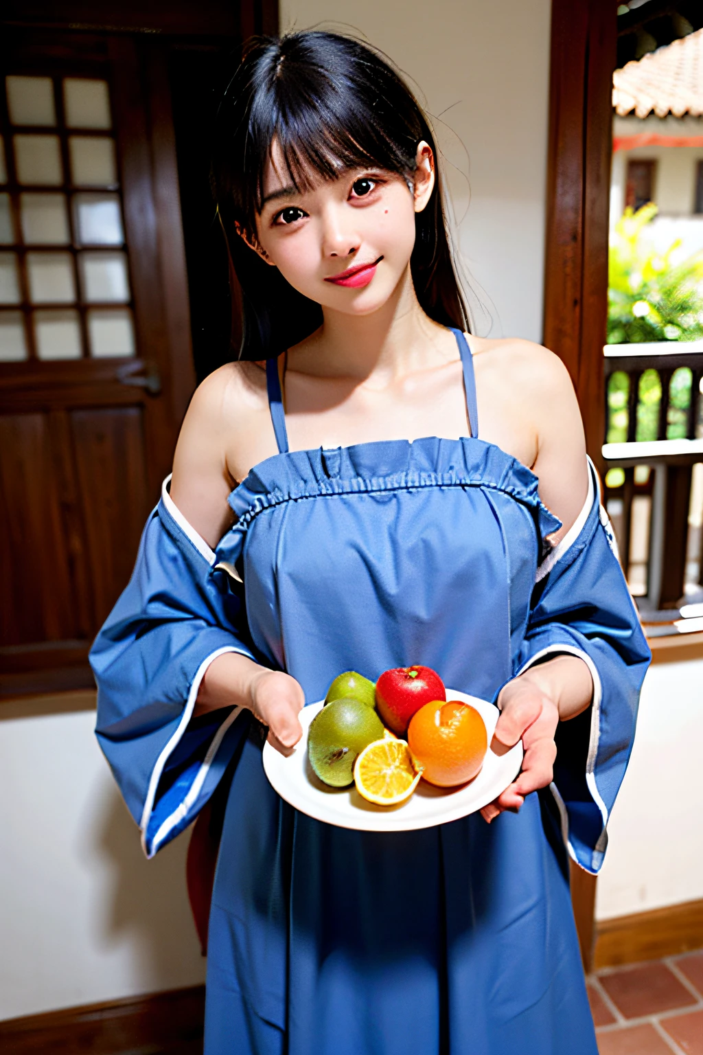 There is a house in Youzi，Inside the house there was a beautiful woman holding a plate full of fresh fruit