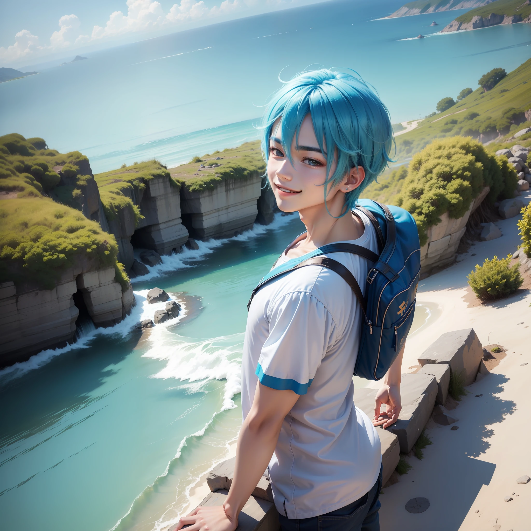 Sunny and handsome teenager，Smile and show blue hair，Clear face，Beautiful scenery in the background。