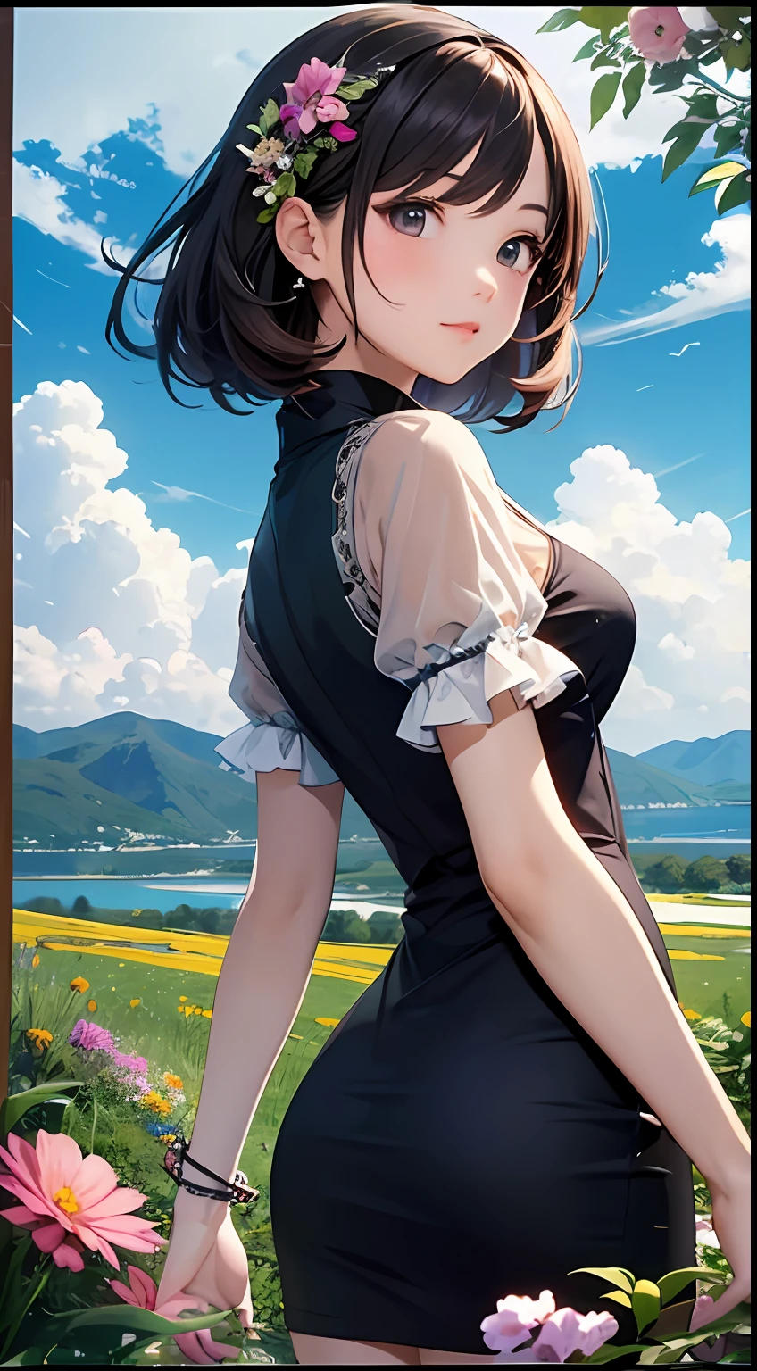 (Close-up of the painting style,8k ultra high definition,Masterpiece grade vista CG wallpaper),Beautiful skyline,Magnificent sky,美丽细致的眼睛,cute girly,Perfect slim body,shift dresses,Pure eyes,The skin is smooth like a baby,Standing on a high mountain overlooking the earth,Skysky,lakes,Colorful flowers and plants。