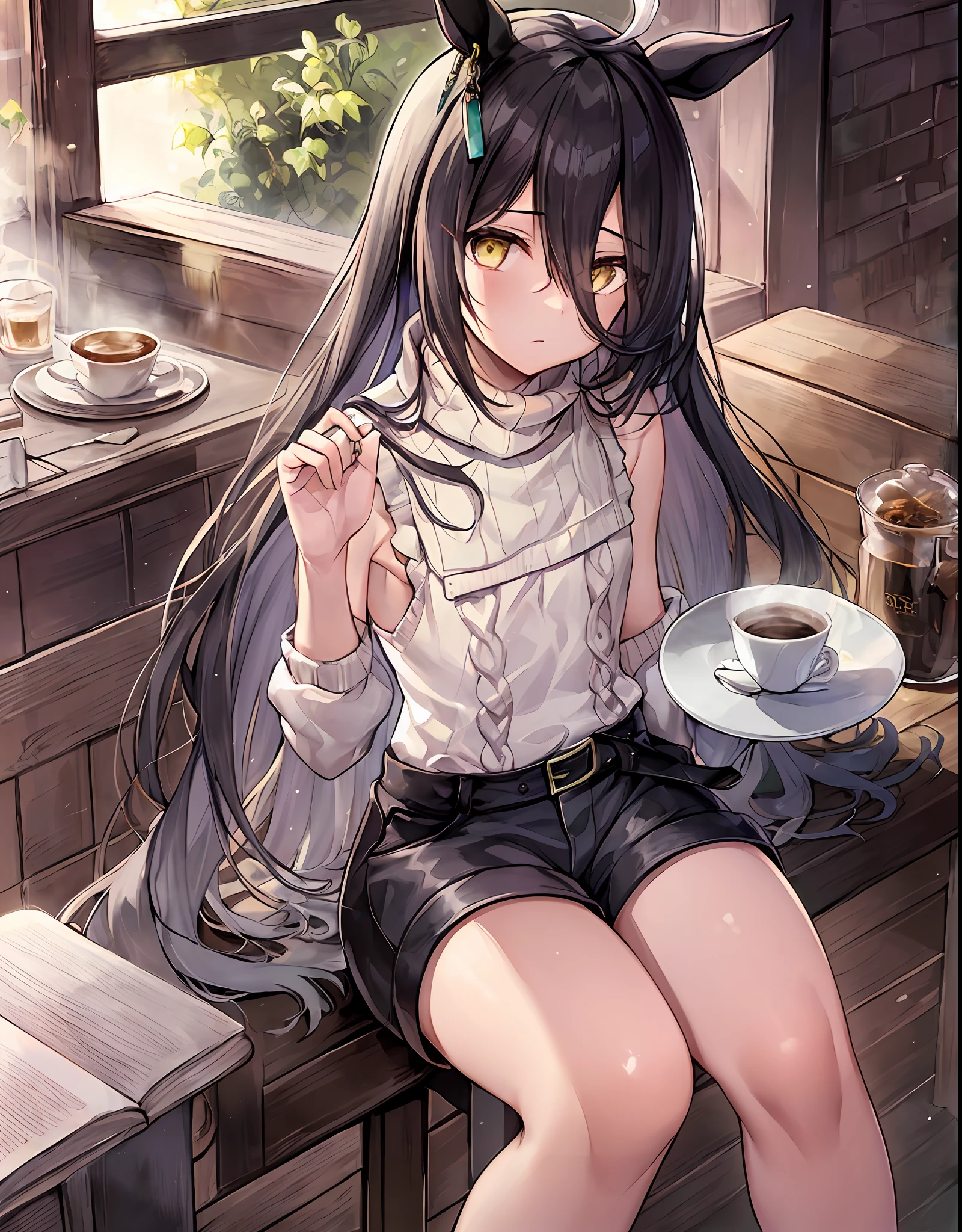 ((​masterpiece)), ((Top image quality)), Full body wide angle,(独奏)、Onegirl、manhattan-cafe\(Umamusume\)、Light White Ahoge, (Long Black Hair)、thin and long black bangs passing between the eyes,,,,、Yellow eyes without highlights、Horse ears、Horse tail、((((agalactia))))、(((flat chest)))、off shoulders、((Sleeveless turtleneck sweater))、((hotpants))、Raw feet、tea shop、coffee、date