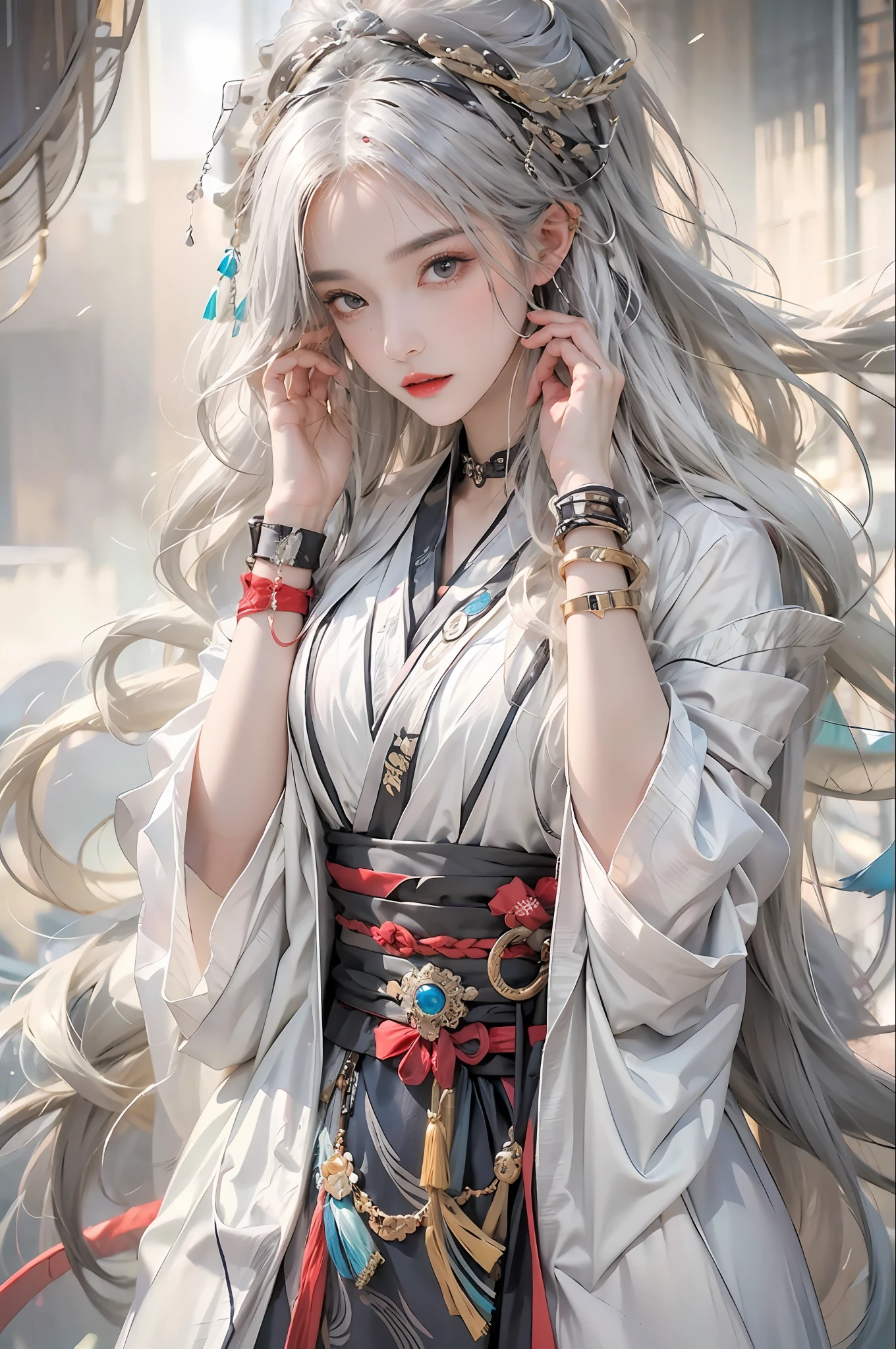photorealistic, high resolution, 1women, solo, hips up, look at viewer, (detailed face), white hair, long hair, colorful Taoist robe,oversized clothes, midjourney portrait, jewelry