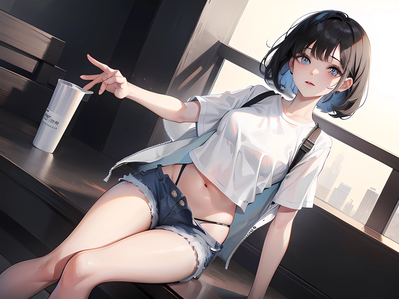1girl, short black hair, blue eyes, wearing plain white shirt, denim shorts, city, absurdres, high res, ultrasharp, 8K, masterpiece, looking at viewer