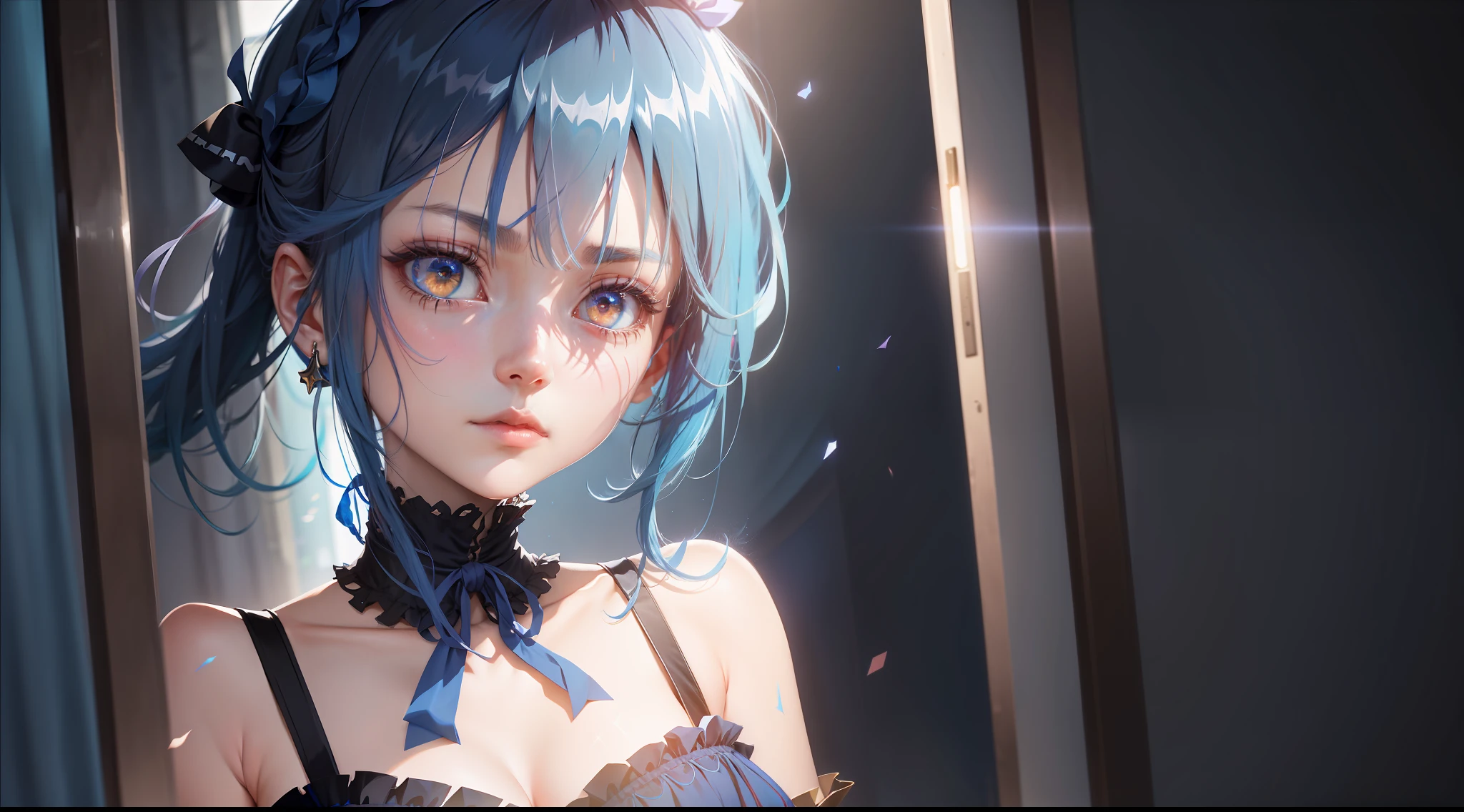 blue hair, curtained hair, crossed bangs, messy hair, ribbon, jewelry, gradient eyes, empty eyes, anime, Expressionism, anime style, cinematic lighting, chiaroscuro, god rays, anatomically correct, highres, masterpiece, UHD
