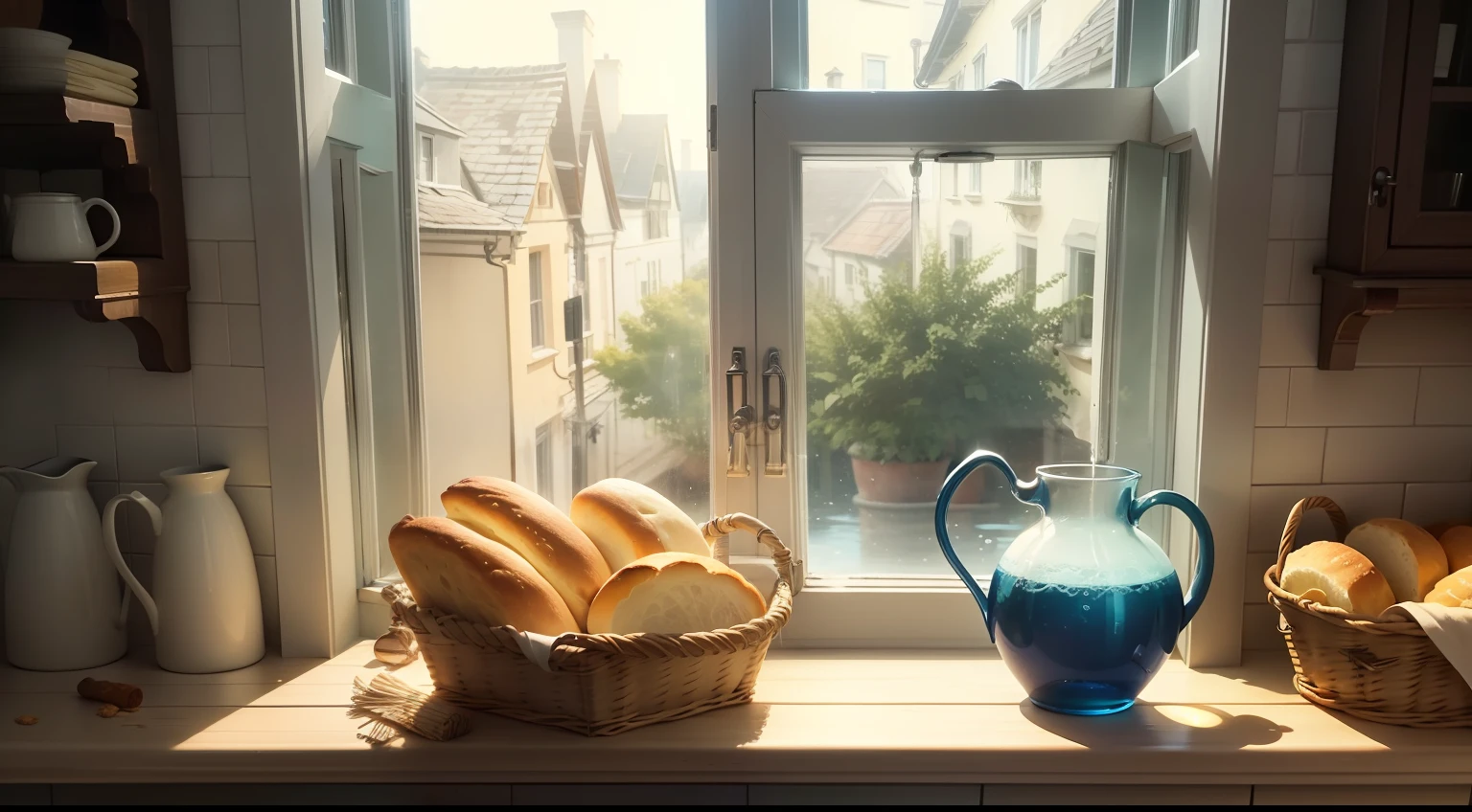 a window with only one jug of water and only one basket of bread