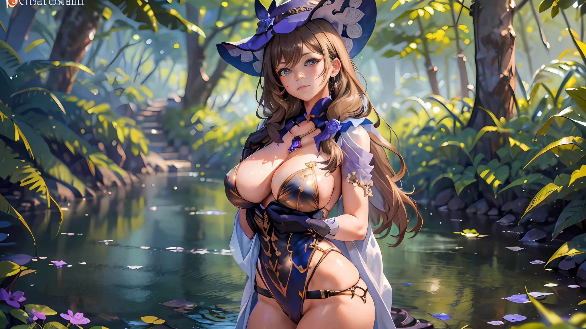 Lisa Genshin Impact, Iwhole body, (NSTDA.:1.2), (10, beste-Qualit, master-piece: 1.4), ultra-high resolution, (realistic, photorealistic: 1.48), Cute Girl 25 years old , ( Beetle Micro Bikini see-through:1.11), big breasts, shiny long hair, famous Japanese stars, blue eyes, head tilted, cowboy style, frontal view, looking at the viewer, emotionless, beautiful river in the Zeiss forest, 150mm. F/ 2.8 Hasselblad full body, foot, ultra wide angle