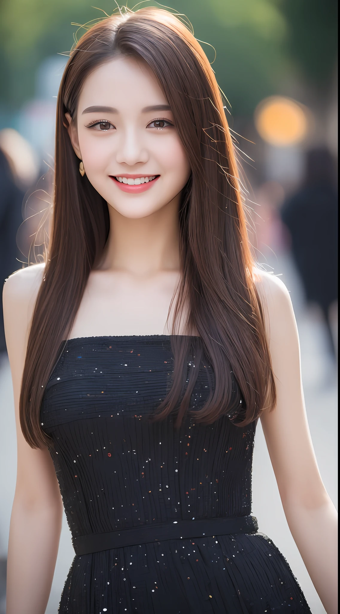 ((Best quality, 8k, Masterpiece :1.3)), 1girl, smiling, full body, slim face, Pretty woman, (Dark brown hair), full length dress :1.1, Ultra-detailed face, Detailed eyes, Double eyelid, blur background, slim face, city, outside, street,