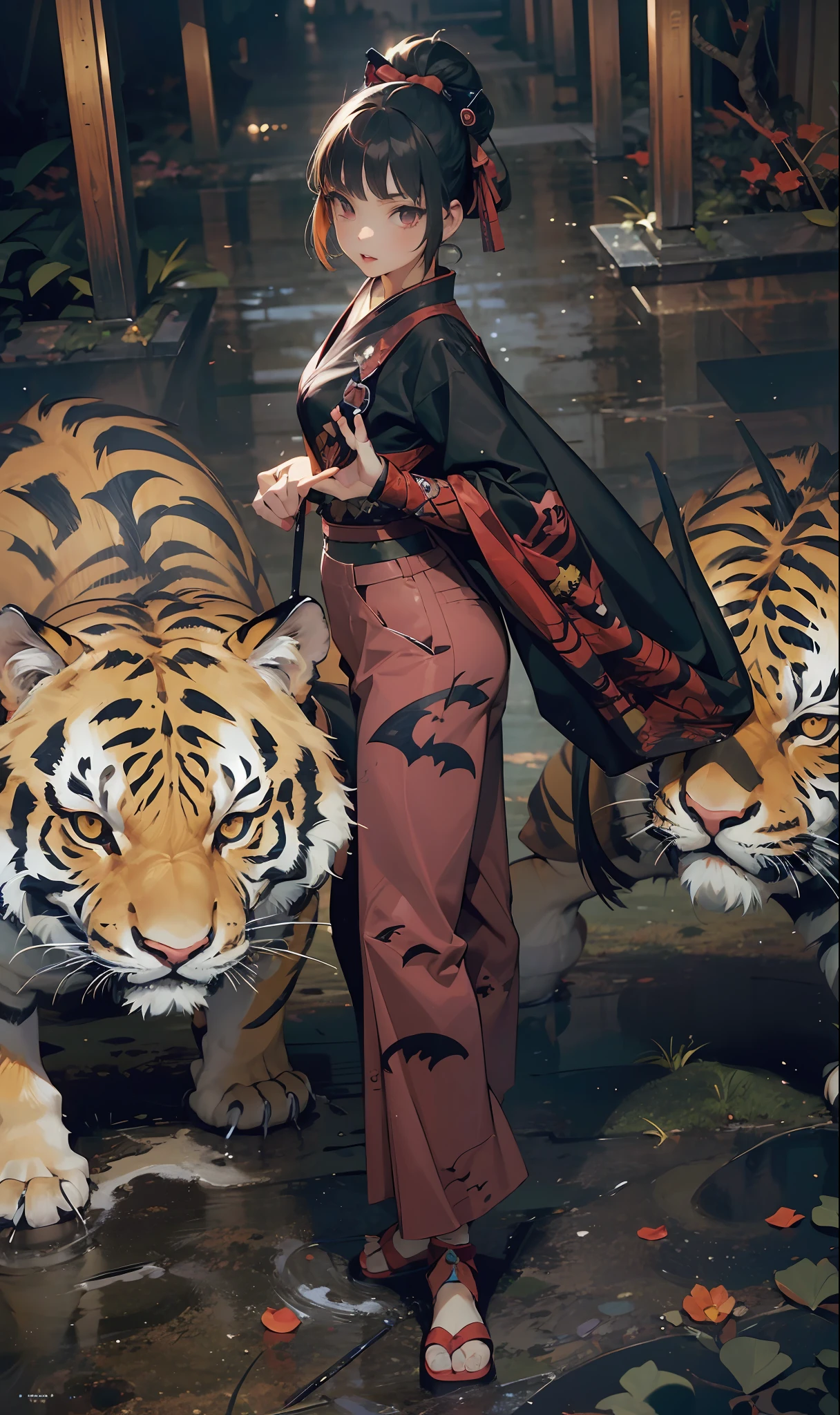 1girl, Drybrush artwork, surreal design, Dual Kawaii, Female Vampire, Samurai, wearing Sickening tiger print Palazzo pants, four colors