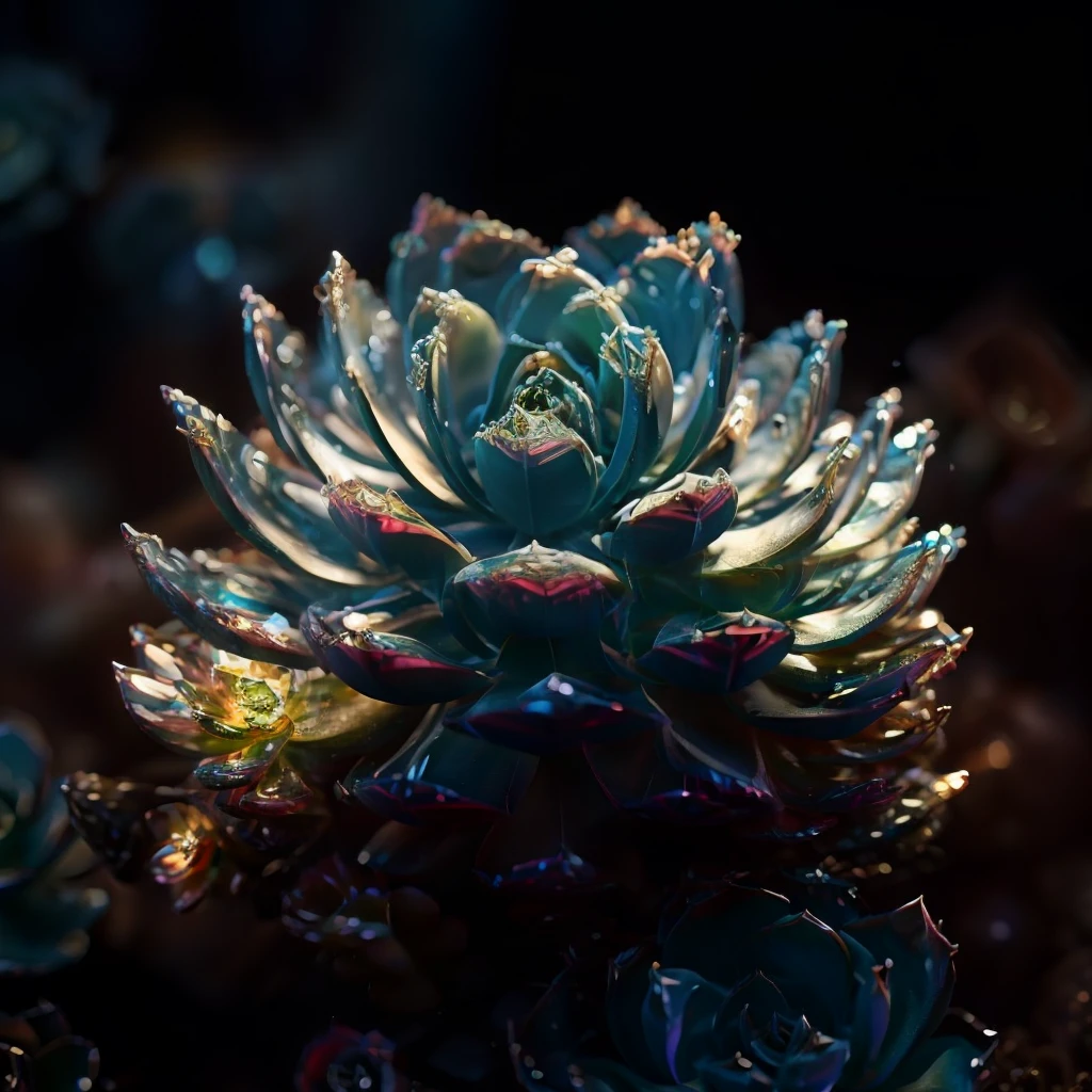 close up of Succulent plant made of crystals ,fantasy, galaxy, transparent, flower blowing in the wind, shimmering, sparkling, splendid, colorful,
magical photography, dramatic lighting, photo realism, ultra-detailed, 4k, Depth of field, High-resolution