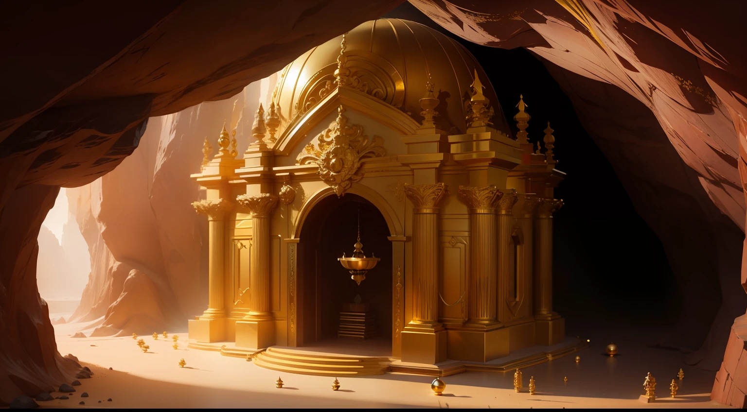 A cave full of gold, and golden ornaments.