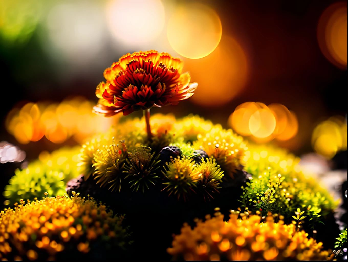 a small orange flower sitting on top of a moss covered rock, fade, slate gray, orange color lookup, (teal and orange:0.7), cinematic colors, vignette, lowkey, glowing, dark depth of field