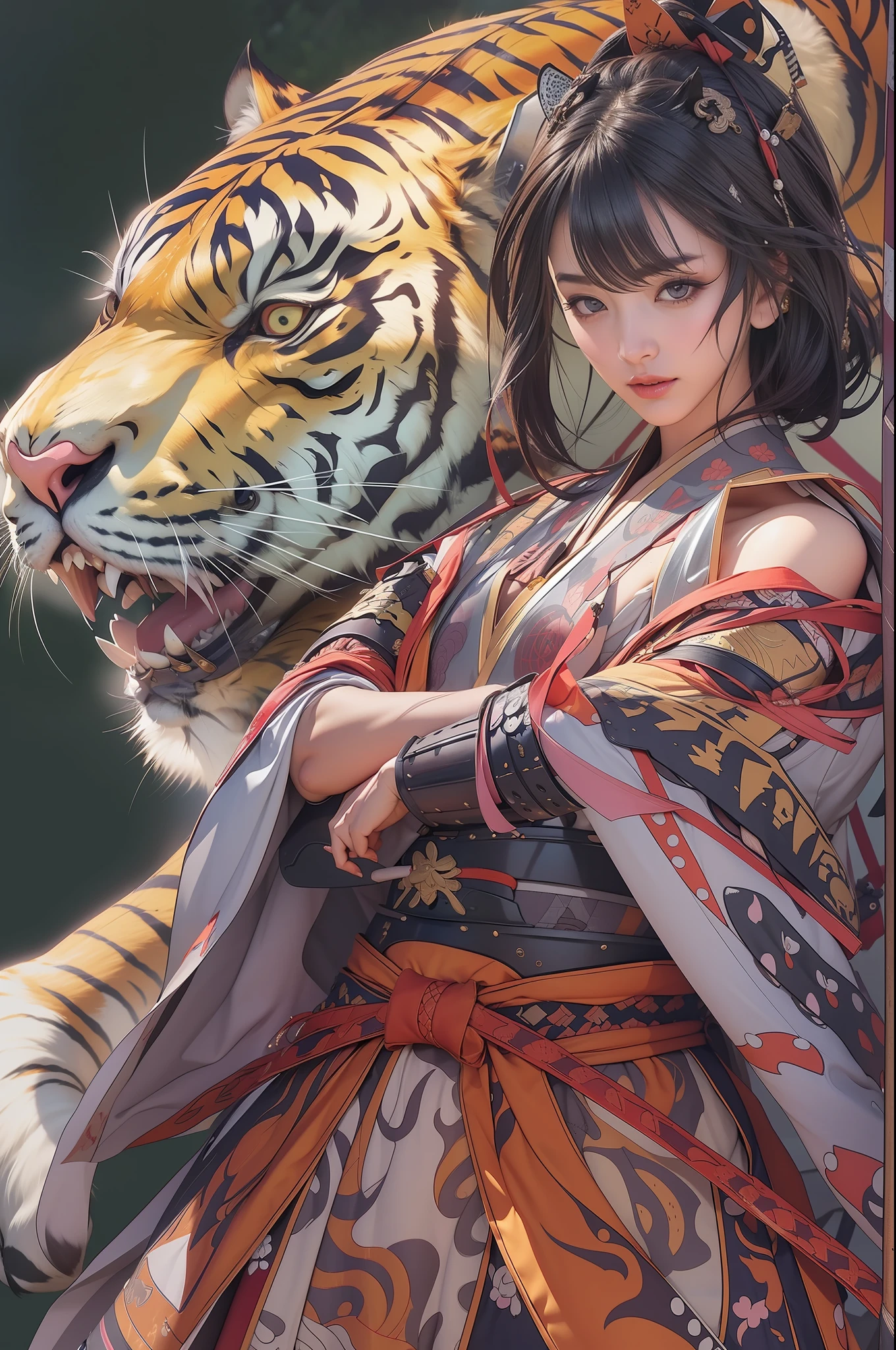 A dark-haired、a short bob、Straight hairstyle、big eye、Double eyes、Japan Beauty、Korean Idol、30-years old、small tits、flat-chest、quality
Appearance system(Hairstyle, etc.)
1 woman, Elegant beauty, Radiant skin, (Keiji Maeda costume:1.3), (Warring states period:1.4), Solo, (Eccentric fashion:1.2), (Tiger pattern accent:1.3) (samurai armor:1.5), Detailed traditional costumes, (Style Sengoku:1.3), Detailed facial expressions, (Style Dynamic:0.8),
Standing Pose, holding katana, Determined expression, (Background: Battlefield), (Style Battle Ready:0.9), Historical atmosphere, Armor Details, Detailed background, (Style Wafuku:0.9), powerful aura,