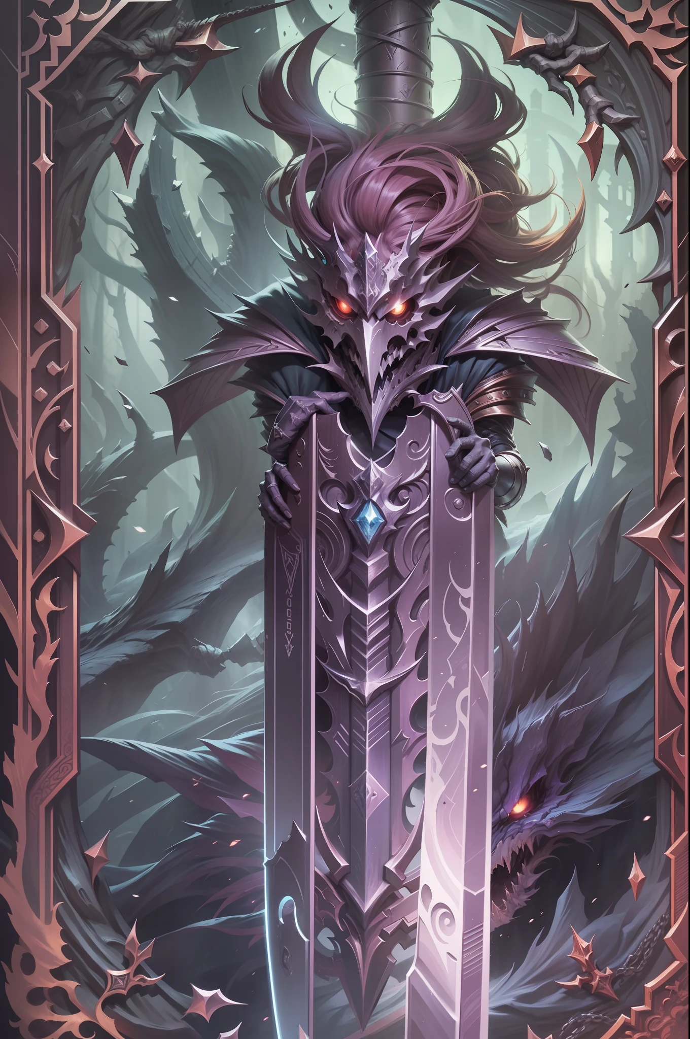 （（Game card design）），Close-up of the sword, full card design, The cards, collectible card art,, Detailed cover artwork,, Cold art, shinigami, Yugioh artwork, Cover art, detailled image