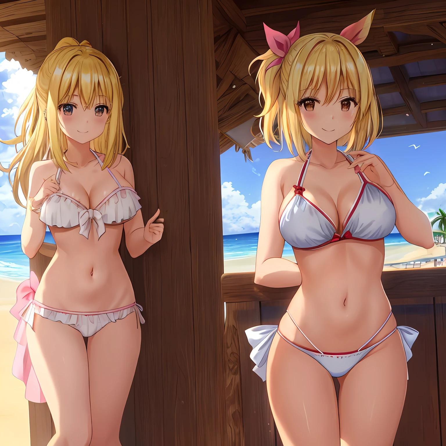 Lucy Heartphilia、1girl in、独奏、blonde  hair、brown-eyed、length hair、耳Nipple Ring、jewely、a smile、bow ribbon、Hair ribbon、Mare、the beach、White bikini