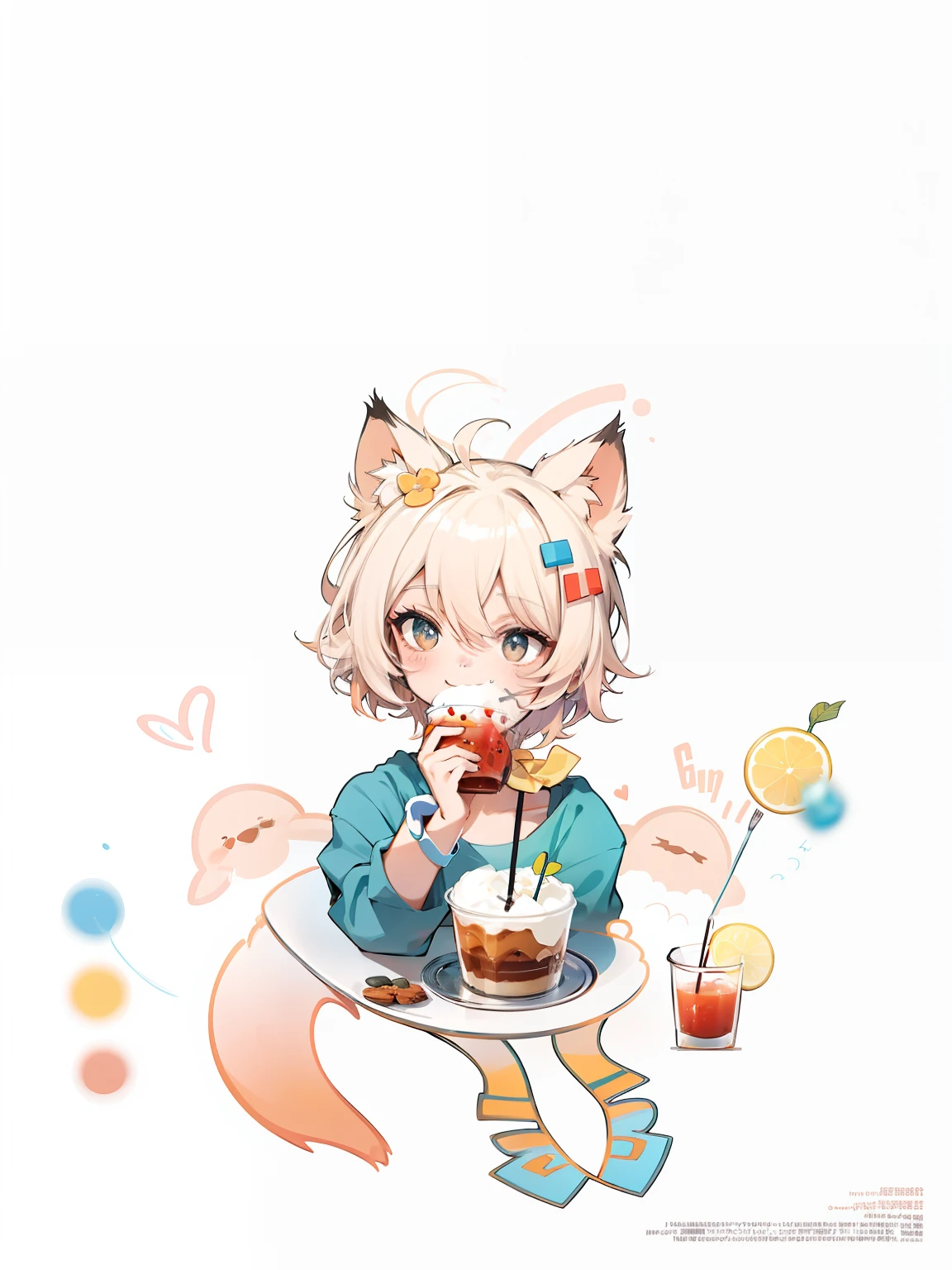 Short-haired cat-eared girl happily eating dessert on table,A plastic cup with a drink on his head,Only the upper body is required