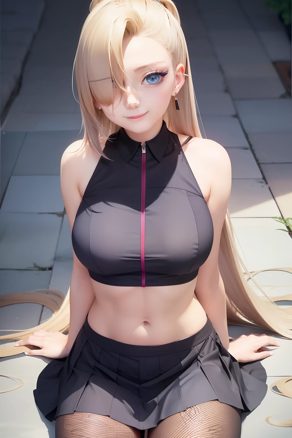 Ino yamanaka. A woman sitting on the porch. On a crop top and a short purple skirt. His skin is so white. Both hands behind his back propping up. His hair was so long and straight. A lovely blend of cream. Part of his long bangs cover his right eye. His eyeballs are sea blue. Her breasts look so big and round. So pretty and realistic