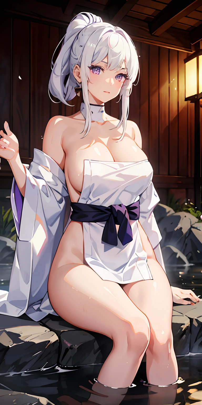 1girl, white hair, purple eyes, portrait, realistic, towel, (onsen), sidelighting, wallpaper, nsfw,