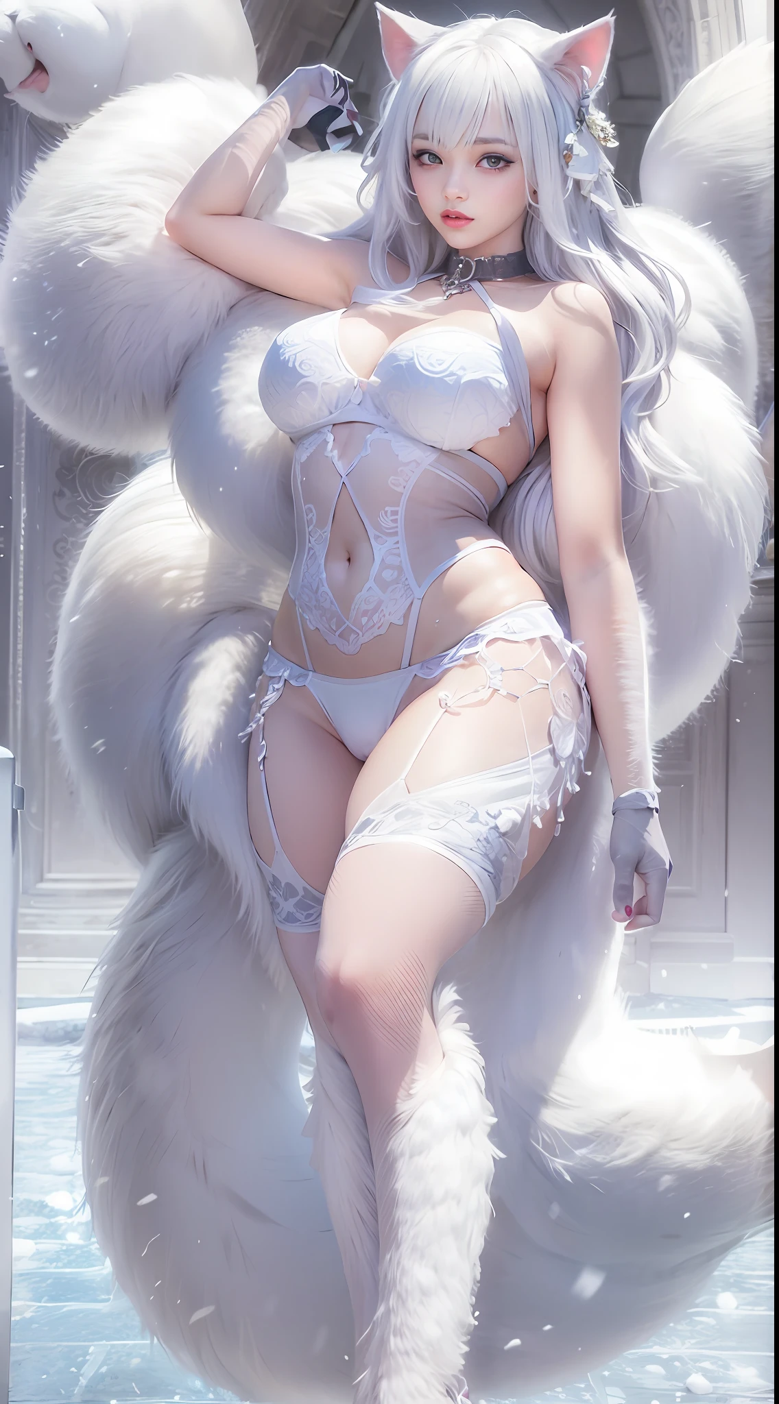 Kizi，sensual breasts，No cloth，Cat ears，Cat's paw gloves，dog collar，barechested，，，stocklings，，，Squat to the toilet with your legs open，Naked，Reveals large areas of snow-white skin，，，White fully transparent liquid tulle，no underwares，with no underpants，Smooth crotch，Exposes large areas of skin，Open look，Plump sexy body，，Light walking map，One foot lifted to the sky，Long colorful hair