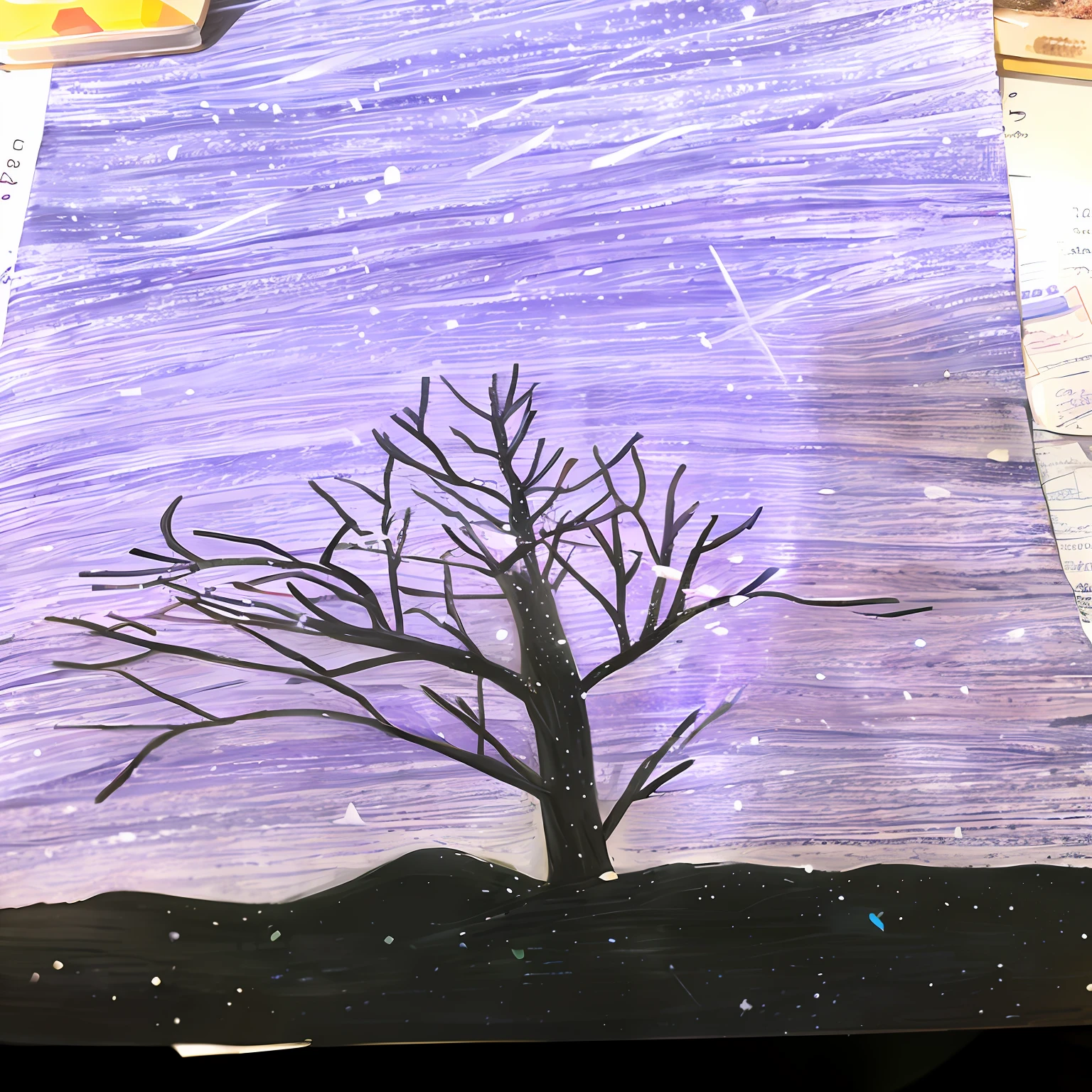 There is a picture of a tree drawn on a piece of paper, A tree in a galaxy made up of stars, stary night painting, intermediate art, Inspired by Dwight William Tryon, Inspired by Rockwell Kent, trees and stars background, crayon drawing, 7 year old crayon drawing, cosmic tree, Purple trees, dark and stars in the background, Starry Night Sky