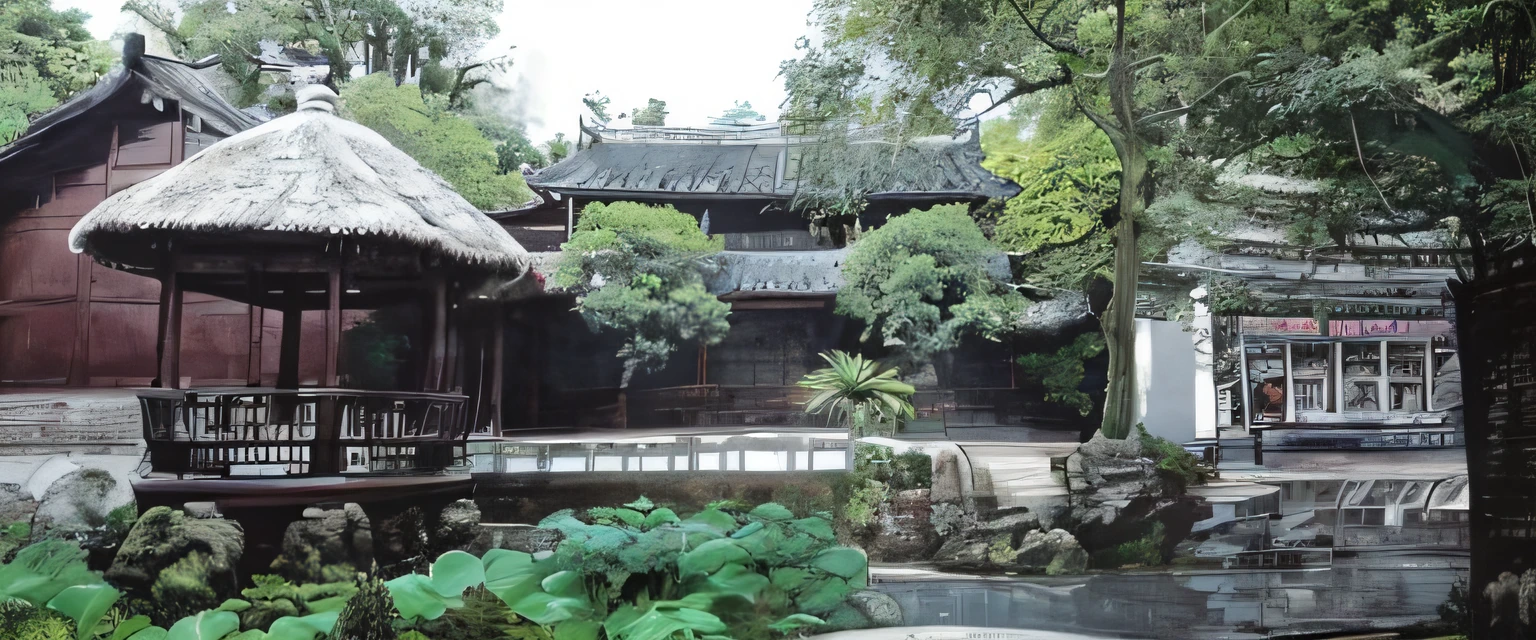 There is a small pond in front of the thatched-roof house, Chinese style, Chinese traditional, guangjian, up front view, old asian village, full - view, historical context, Tang Dynasty Palace,  Chinese village, traditional art, with a fishpond and courtyard, beautiful ancient garden behind，best quality, masterpiece, highres