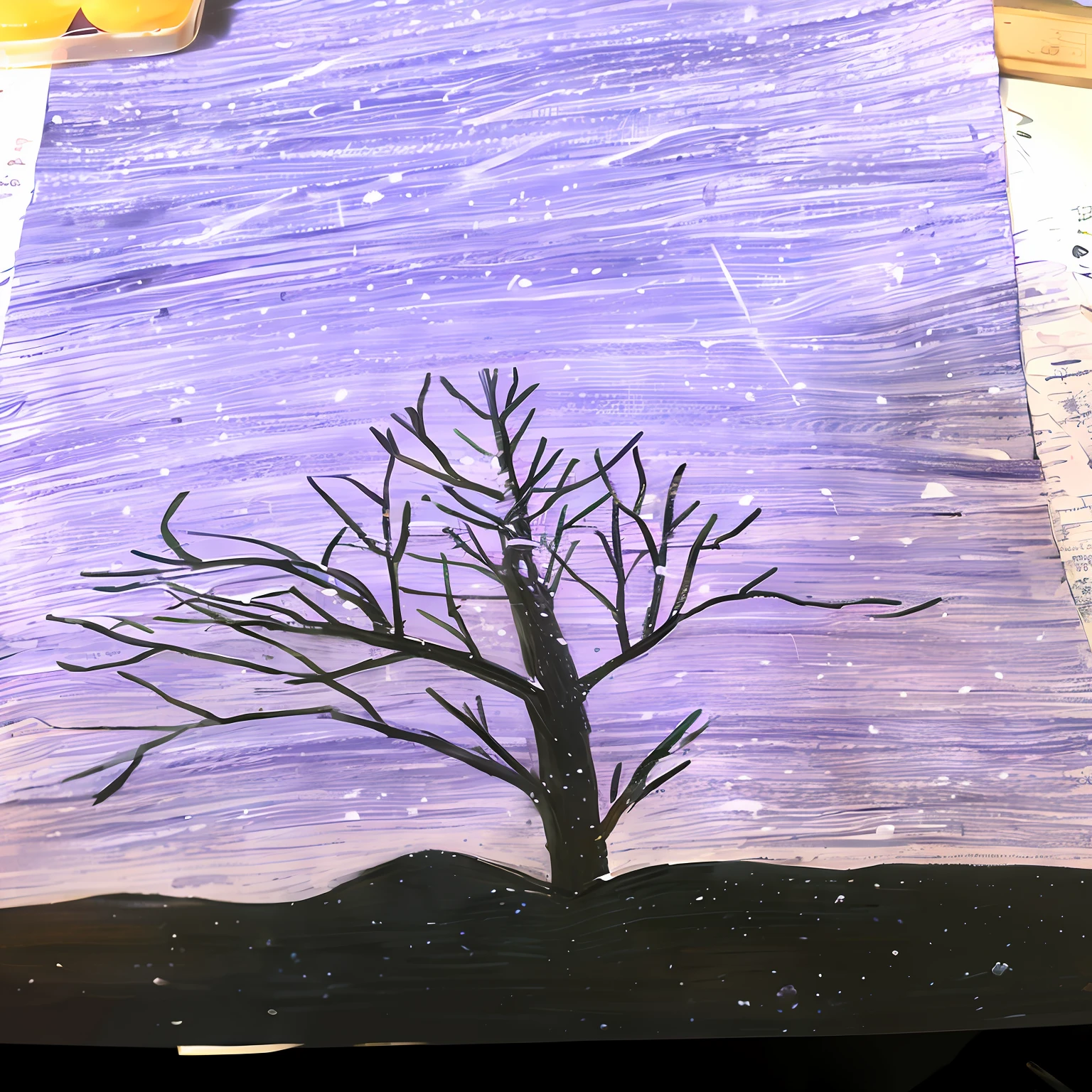 There is a picture of a tree drawn on a piece of paper, A tree in a galaxy made up of stars, stary night painting, intermediate art, Inspired by Dwight William Tryon, Inspired by Rockwell Kent, trees and stars background, crayon drawing, 7 year old crayon drawing, cosmic tree, Purple trees, dark and stars in the background, Starry Night Sky